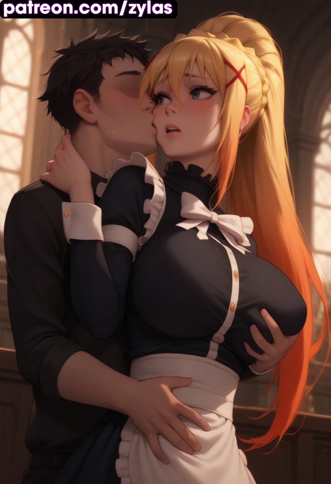 1boy, 1girls, ai generated, breasts, darkness (konosuba), female, groping breasts, huge breasts, kono subarashii sekai ni shukufuku wo!, konosuba, maid, male, ryuuziken01
