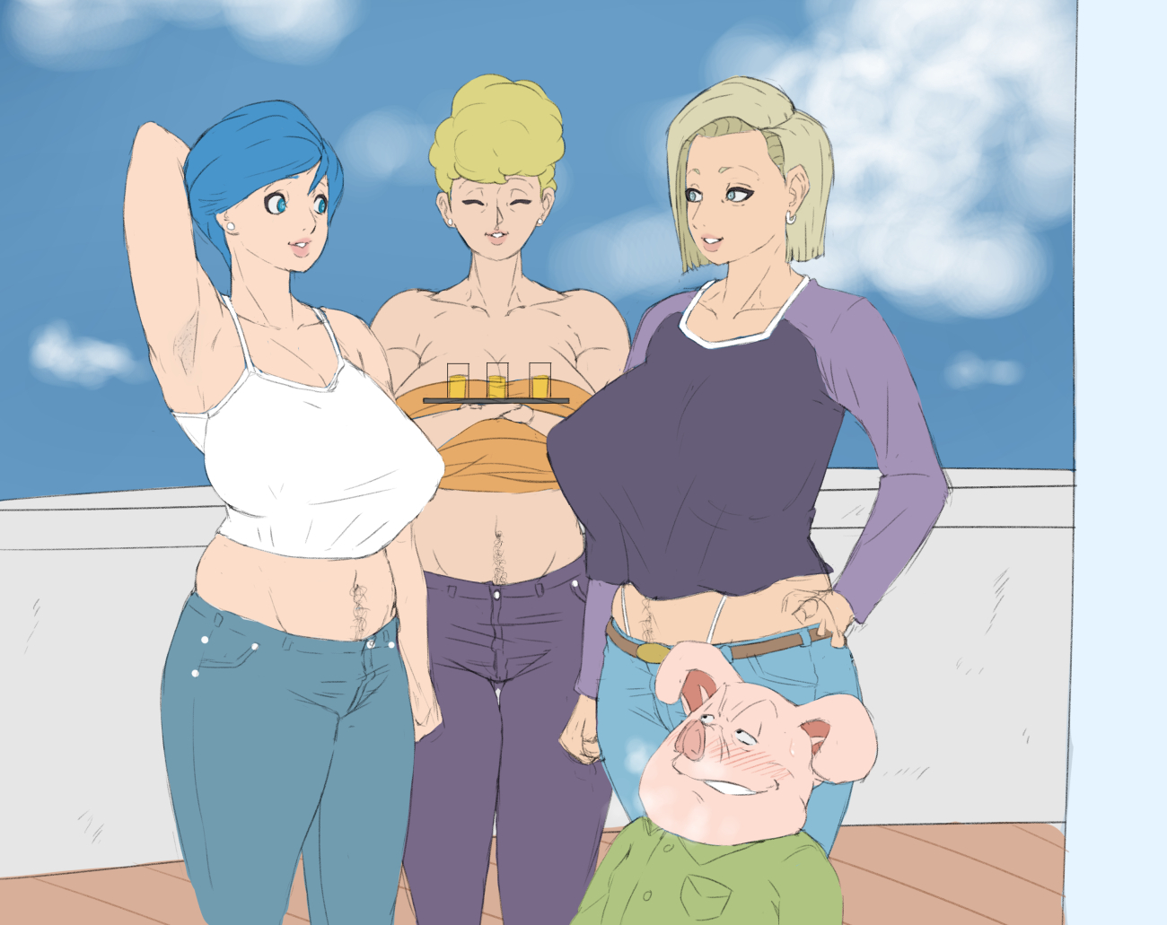 3girls, android 18, blonde hair, blue eyes, blue hair, breasts, bulma, bulma briefs, cleavage, dragon ball, dragon ball super, female, hyper, hyper breasts, larger female, milf, mother and daughter, multiple females, multiple girls, oolong, panchy, panchy (dragon ball), panchy briefs, short hair, zetomeso