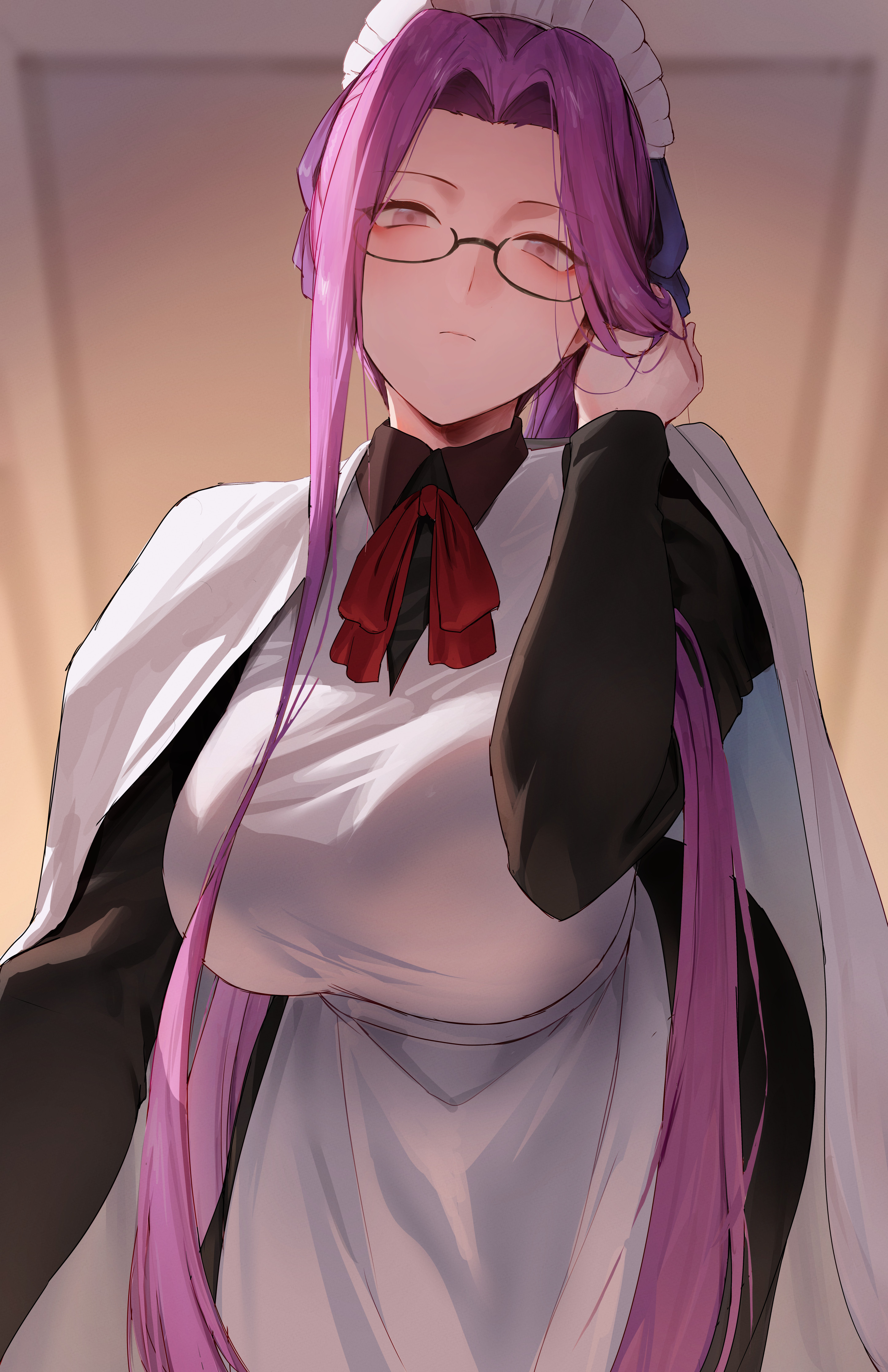 1girls, adjusting hair, bed sheet, big breasts, breasts, expressionless, fate (series), fate/grand order, fate/stay night, female, female focus, female only, female pubic hair, glasses, large breasts, leaning forward, looking at viewer, maid headdress, maid outfit, maid uniform, medusa (fate), medusa (rider) (fate), nude, pubic hair, purple eyes, purple hair, rider, rororo, very long hair, wide hips
