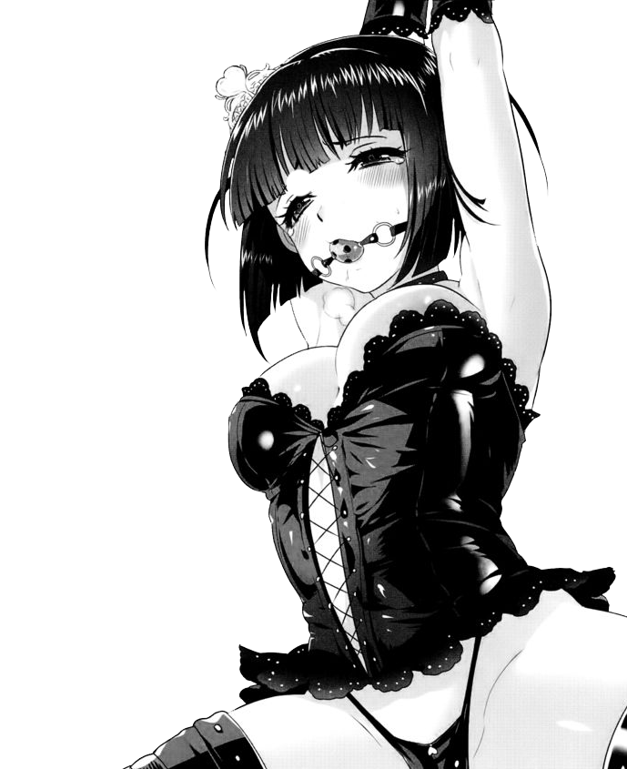 arms_up ball_gag bangs blunt_bangs bob_cut bondage boots breasts bustier choker cleavage elbow_gloves female forced_exposure gag gagged gloves hair_ornament highleg highleg_panties ikezaki_misa large_breasts monochrome panties queen_slave sadou_reika short_hair slave solo spread_legs teardrop thigh_boots thighhighs transparent_background underwear