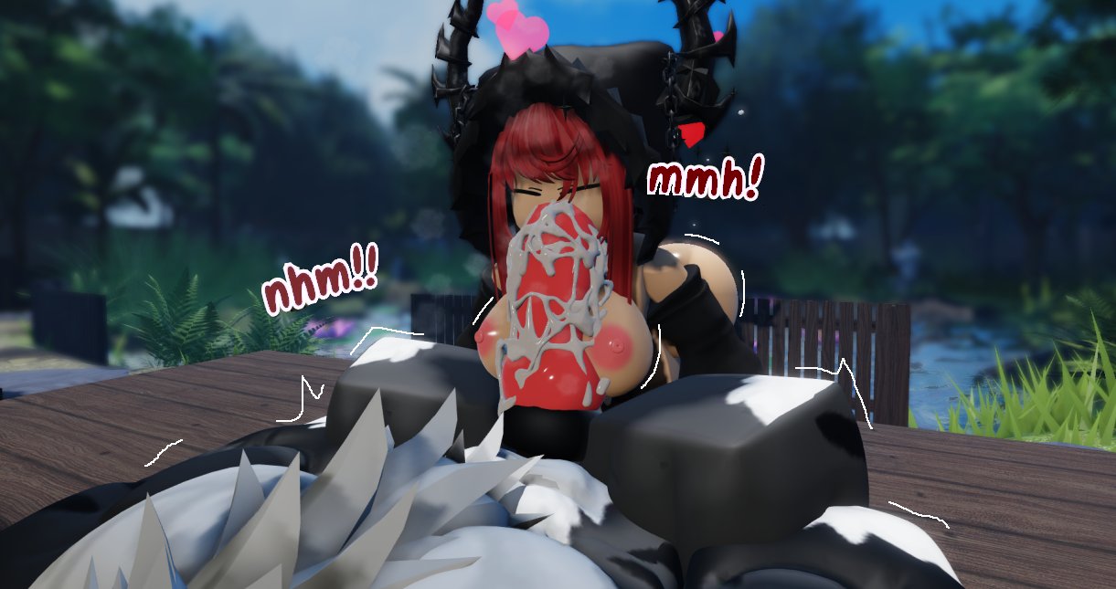 1boy 1girls 3d areolae ass blowjob boobjob breasts breasts_out chest_hair cum cum_covered_penis eyes_closed female furry hair heart hood horns interspecies knot lake laying_down male motion_lines muscles needyasuu nipples oral outdoors outside outside_sex red_hair roblox robloxian size_difference sucking sucking_penis