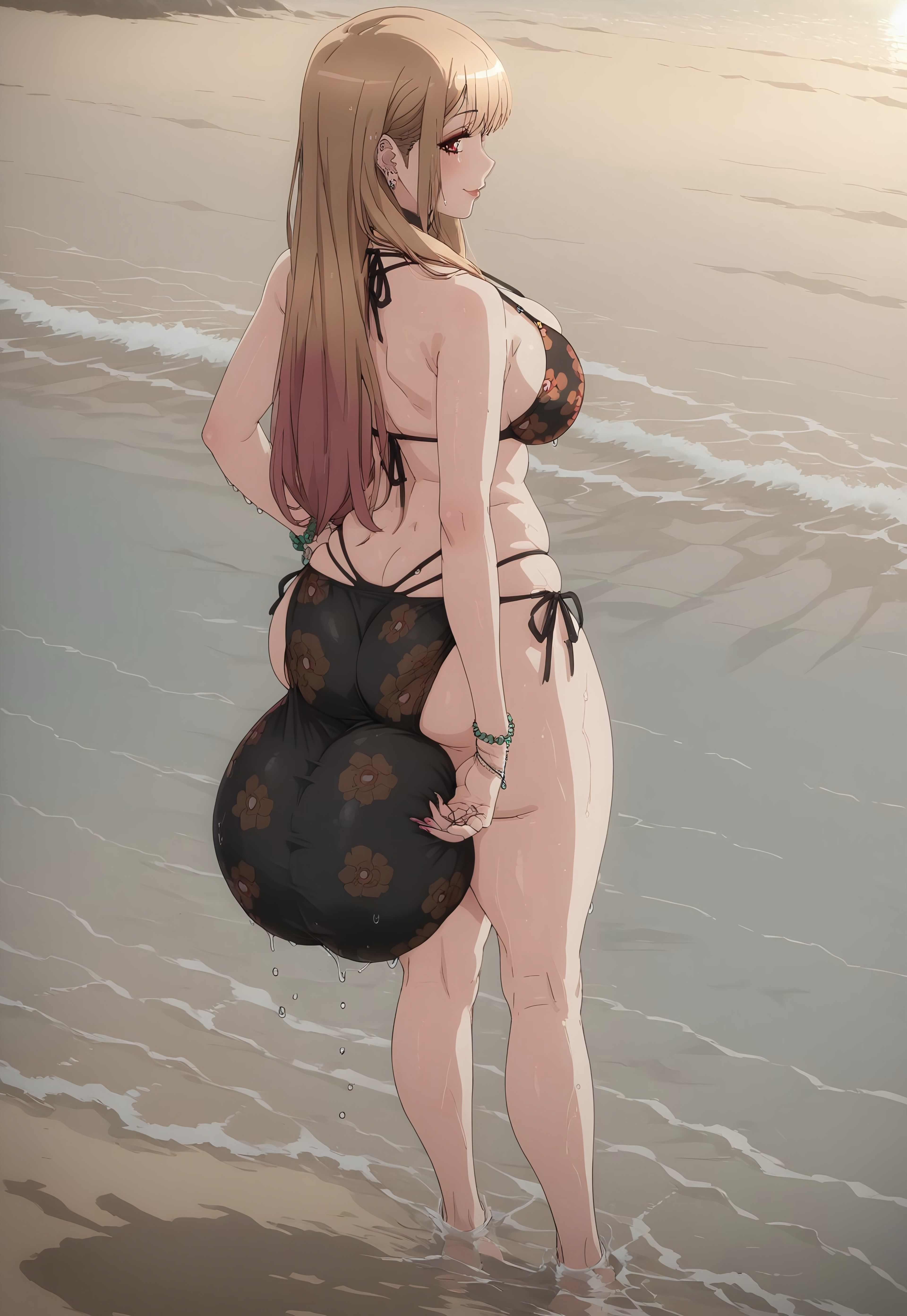 ai generated, ass, back view, balls, balls bigger than head, balls under clothes, beach, bikini, breasts, bulge, civitai, futa only, futanari, hi res, highres, huge balls, huge testicles, intersex, kitagawa marin, large ass, large balls, large breasts, large testicles, looking at viewer, solo, solo futa, sono bisque doll wa koi wo suru, swimsuit, testicles, wet, wet body, wet skin, wide hips