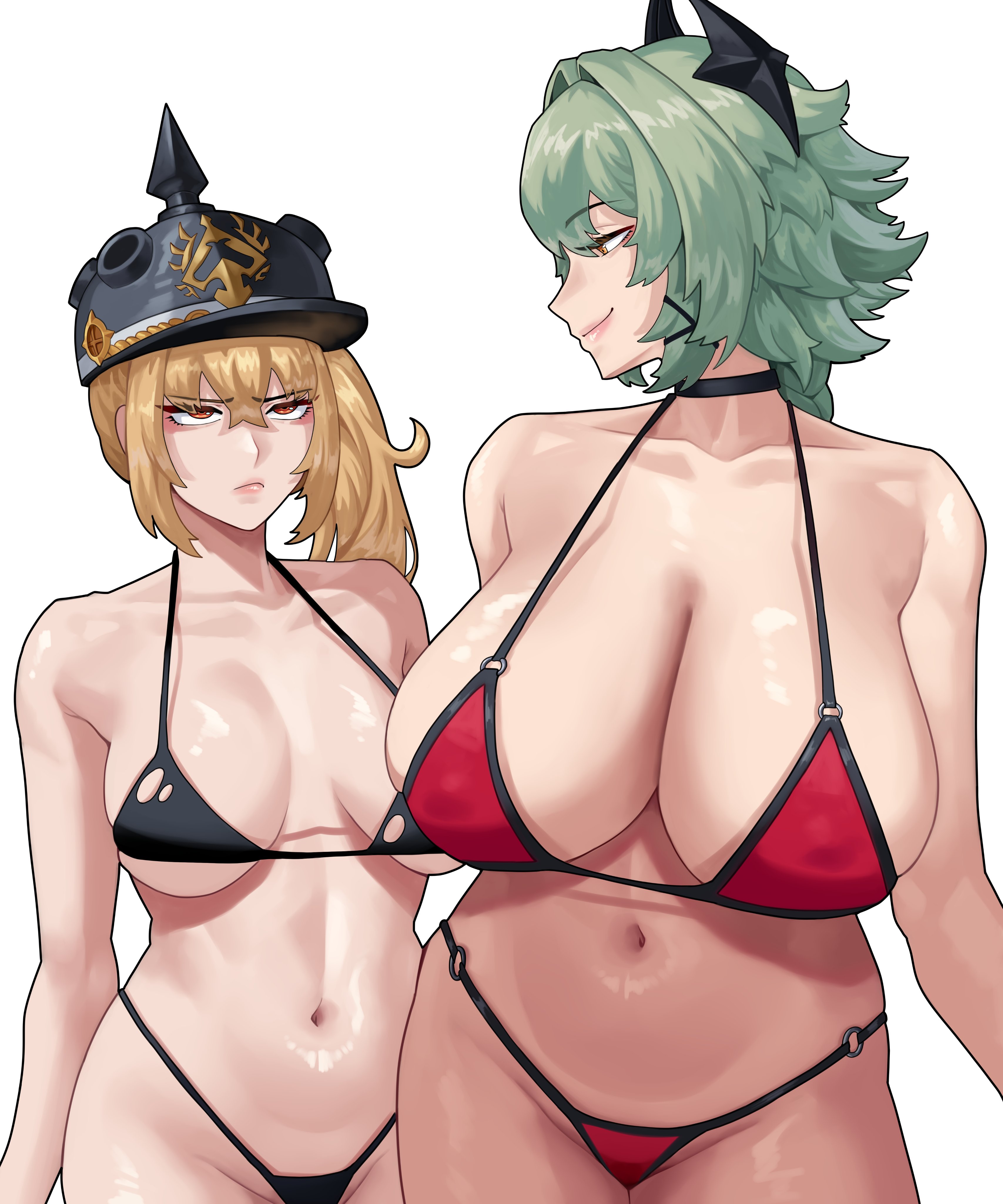 2girls, annoyed expression, arapanchi, bikini, breasts, caesar king, caesar king (zenless zone zero), female, huge breasts, luciana de montefio, meme, mother daughter boob envy (meme), tagme, zenless zone zero