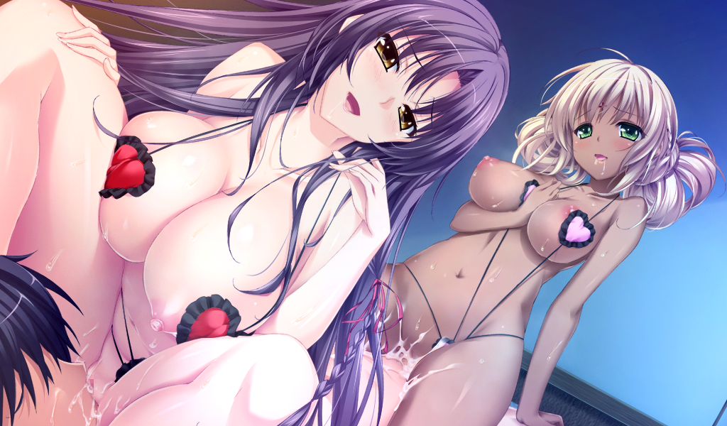 1boy 2girls aotsuki_sakuya black_hair blonde_hair blush breasts choco_chip chu_x_pet cum cum_on_body cum_on_lower_body cunnilingus dark_skin facial_mark forehead_mark game_cg green_eyes group_sex hair_ribbon interracial large_breasts long_hair multiple_girls nanatsuki_shuri navel nipples open_mouth oral pussy_juice reverse_spitroast ribbon sex short_hair short_twintails smile threesome tied_hair twintails vaginal_penetration