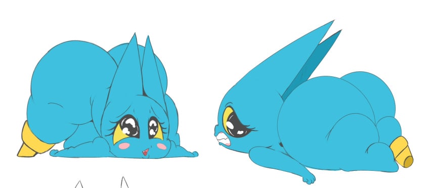 adorabat anthro ass bent_over big_butt black_eyes blue_body blush blush_stickers cartoon_network chiropteran female hi_res huge_butt looking_at_viewer looking_back lying mammal mao_mao:_heroes_of_pure_heart neom-daddy nude on_front open_mouth pegleg solo thick_thighs yellow_sclera young