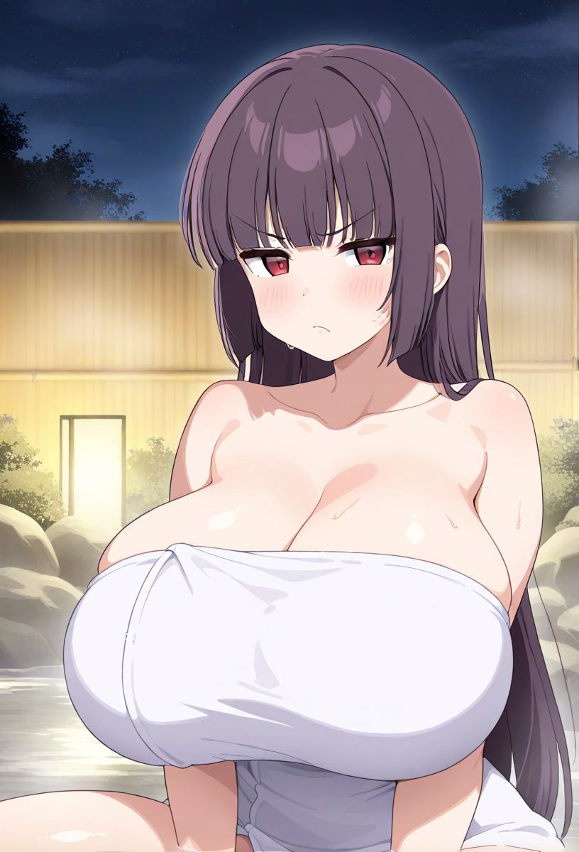 ai_generated annoyed annoyed_expression big_breasts hot_spring long_hair onsen please_don't_bully_me,_nagatoro president_(nagatoro) purple_hair red_eyes sana_sunomiya towel towel_only