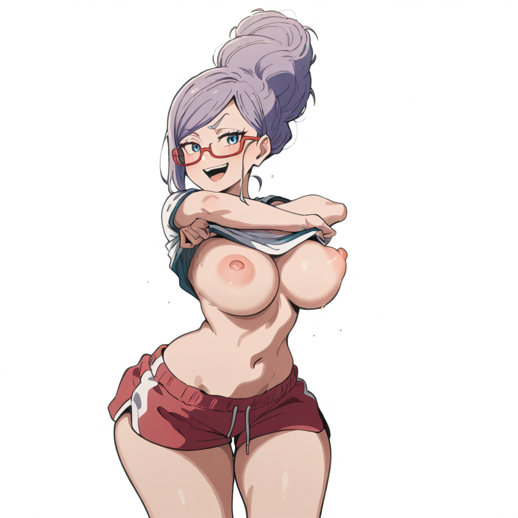 ai_assisted ai_generated ayase_seiko beehive_(hairstyle) beehive_hairdo breasts dandadan dolphin_shorts glasses grey_hair nipples seiko_ayase shorts stripping taking_clothes_off