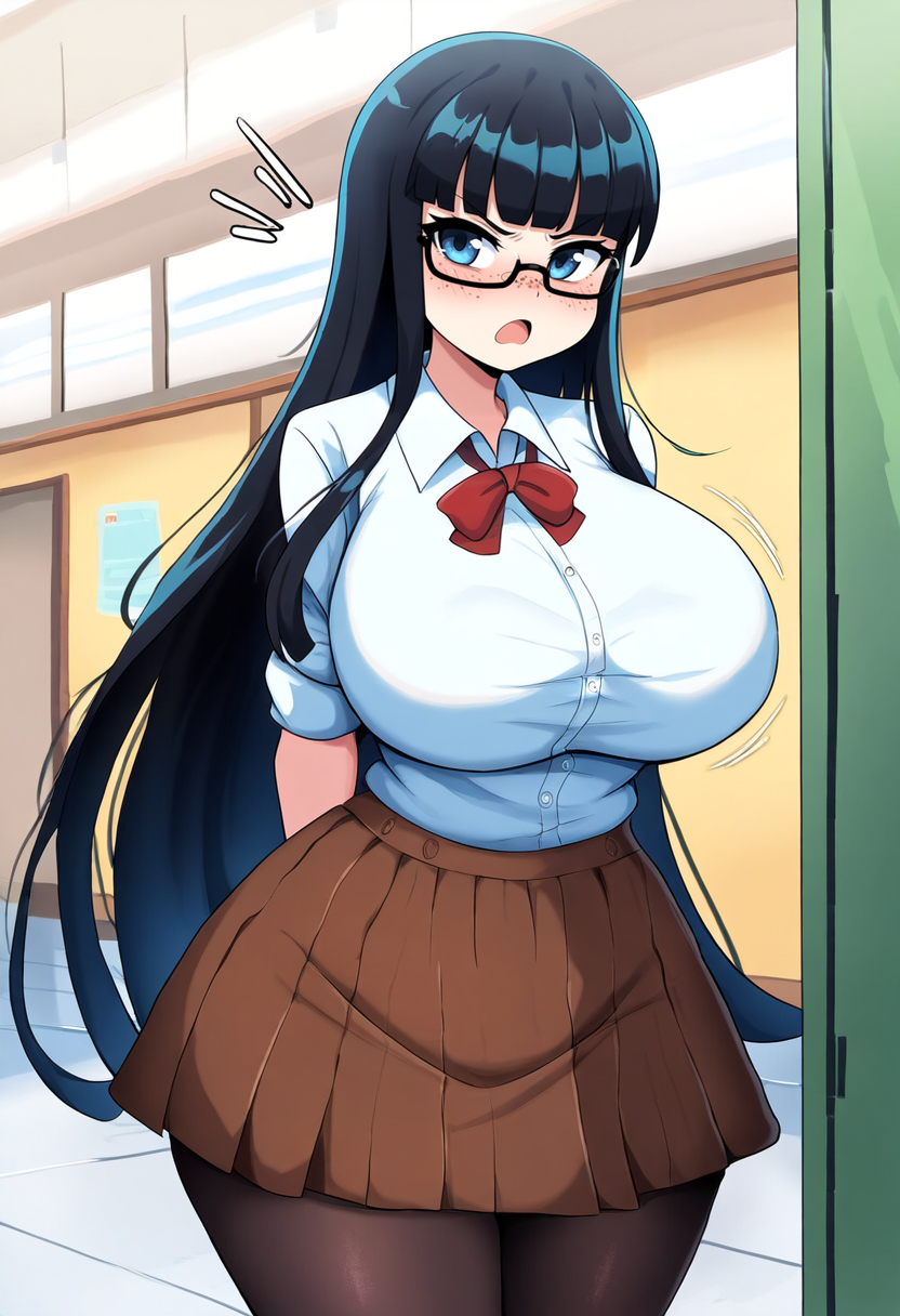 ai_generated annoyed arms_behind_back big_ass black_hair blue_eyes blush brown_skirt classroom freckles fully_clothed glasses hallway hime_cut long_hair looking_at_viewer nerd novelai pre_vore school school_uniform sequence stable_diffusion vore