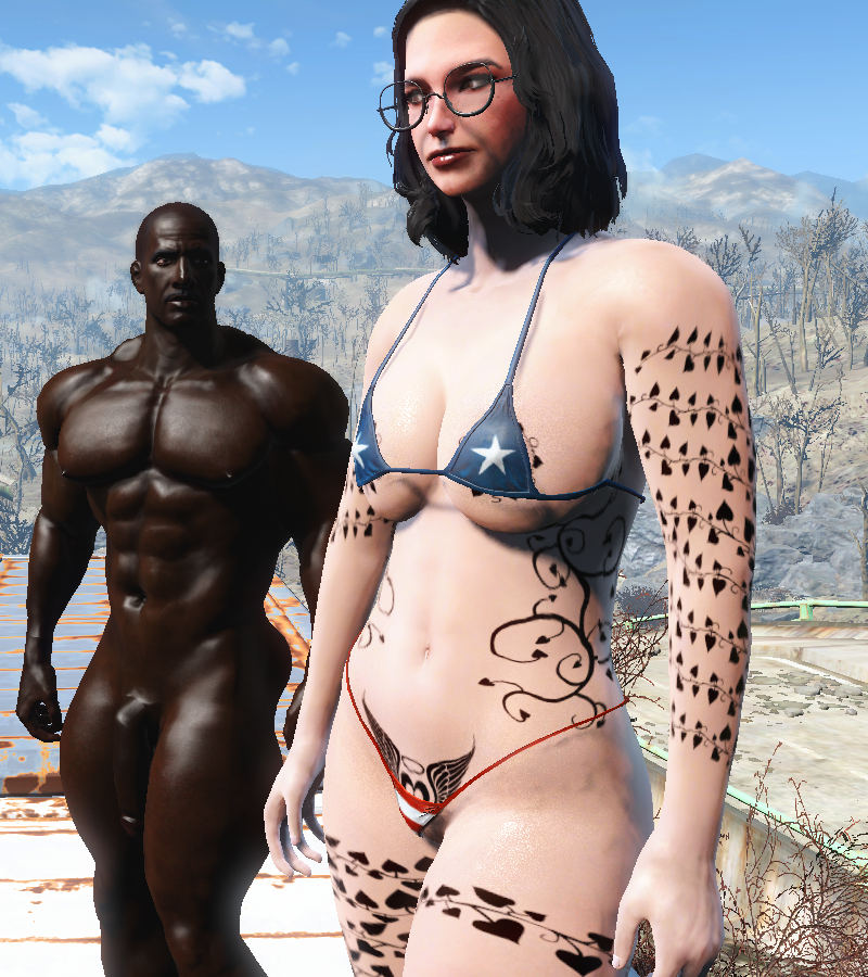 dark-skinned_male dark_skin fallout_4 glasses interracial male micro_bikini nora_(fallout_4) qos qos_tattoo queen_of_spades tattoo