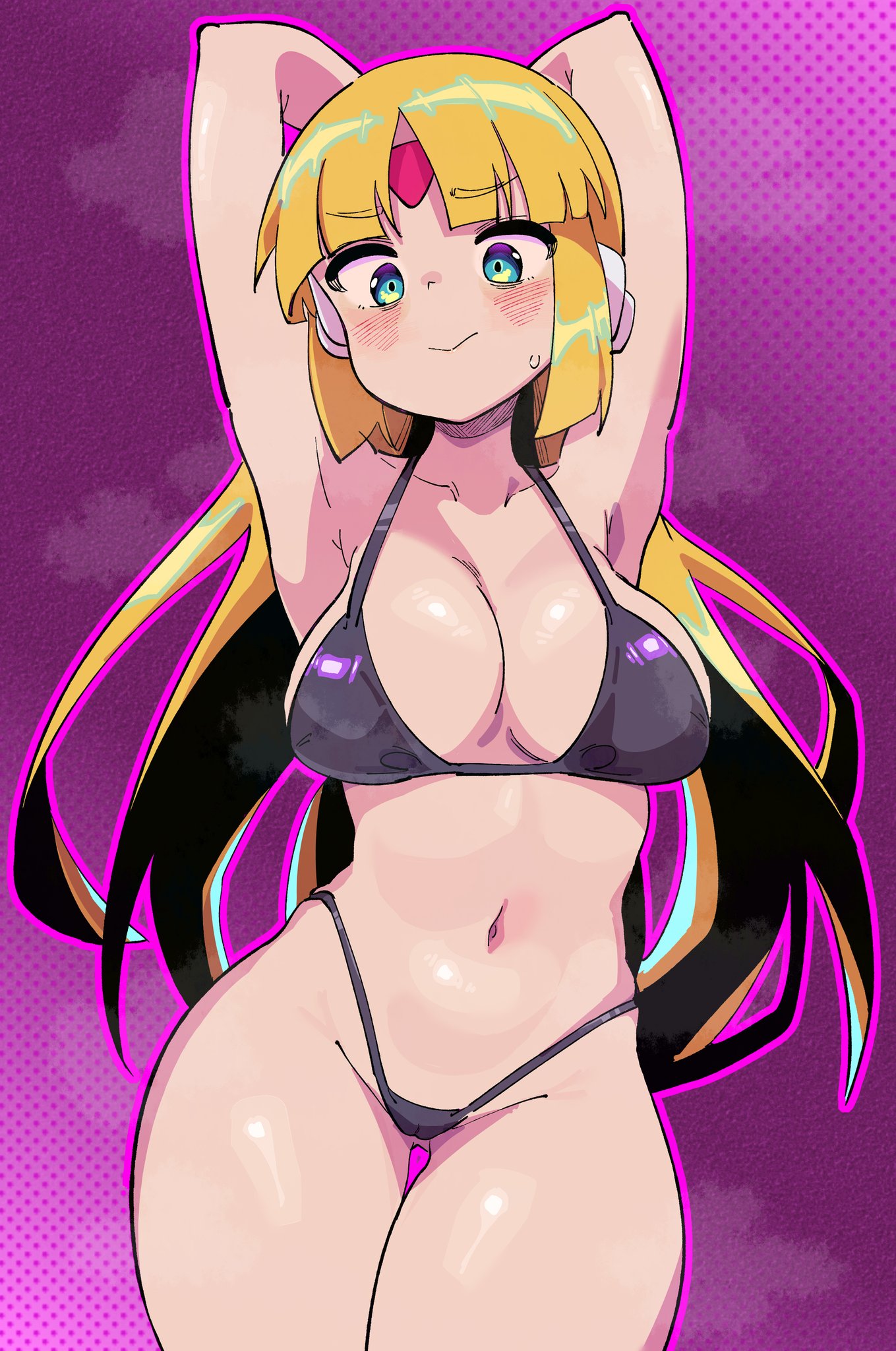 1girls big_breasts black_bikini blonde_hair blue_eyes blush buzzlyears hands_behind_head long_hair mega_man mega_man_zx prairie sexy_pose