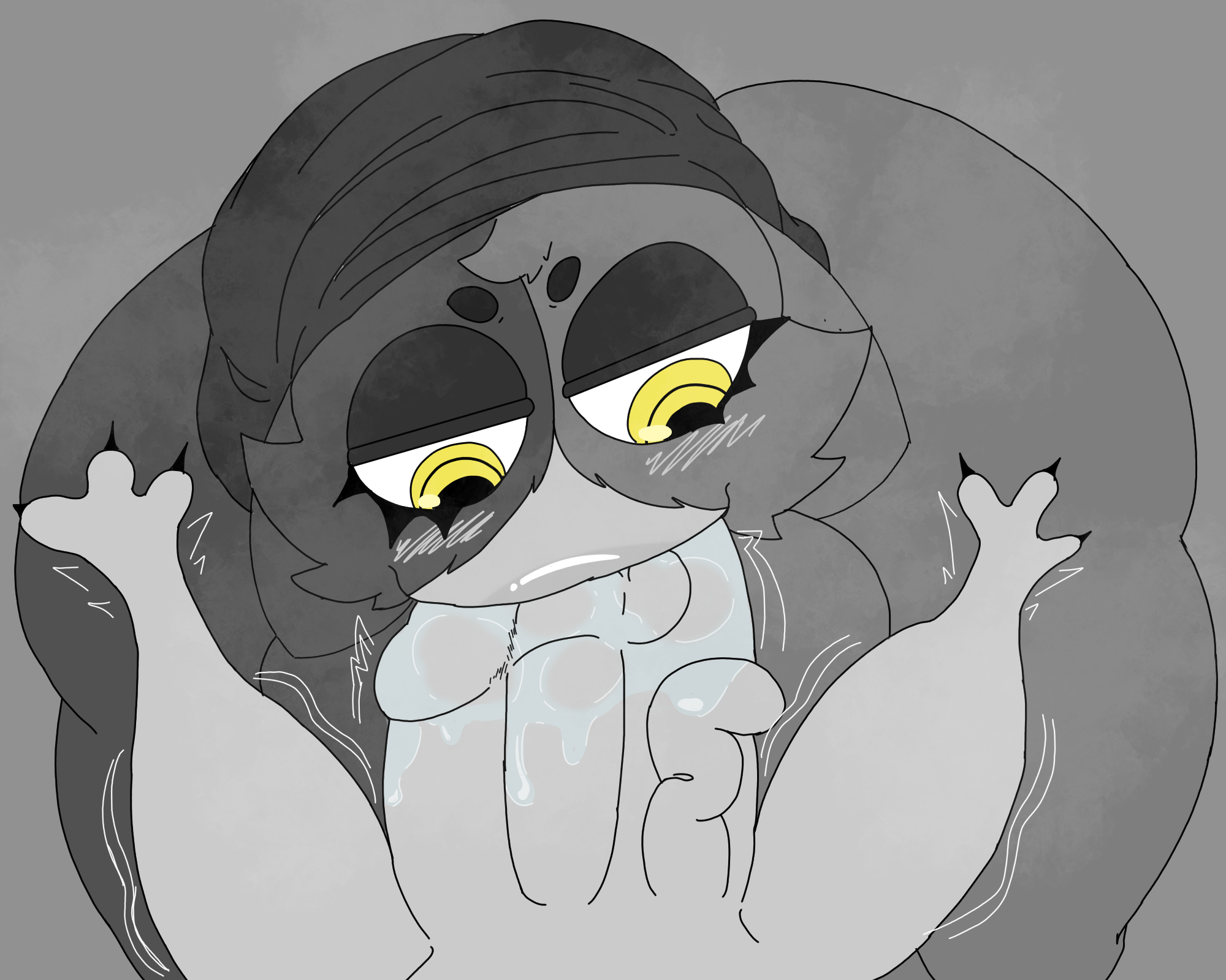 1boy, 1girls, action lines, blowjob, blowjob face, blush, epic games, eyeshadow, fan character, female, fortnite, grayscale, headwear, huge ass, huge cock, huge thighs, male, meow skulls, meow skulls (fortnite), paws, penis, shortstack, sl33py demon, sloppy, sloppy blowjob, steaming body, steamy breath