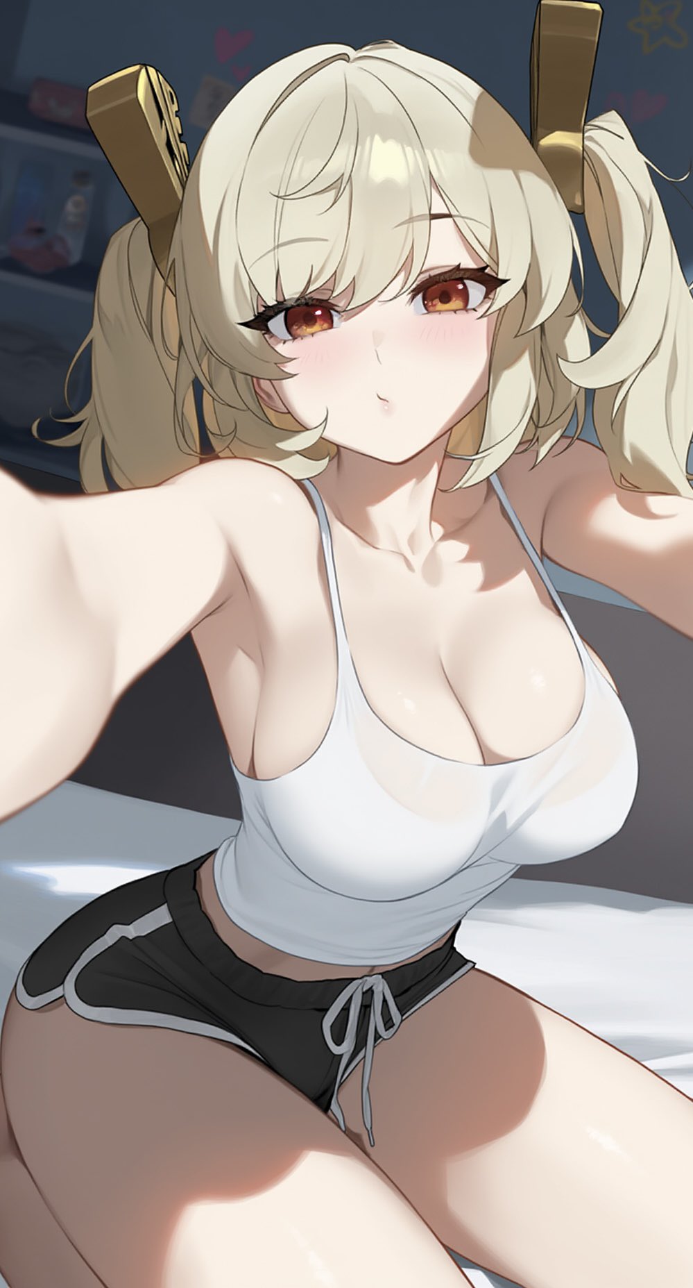 1girls ai_generated big_breasts blonde_hair breasts burnice_white busty casual cleavage female looking_at_viewer red_eyes selfie shorts solo thick_thighs twintails zenless_zone_zero