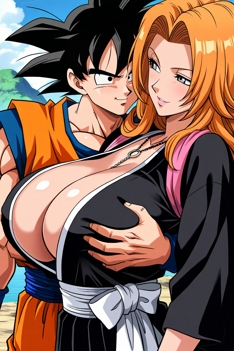 1boy 1girls ai_generated big_breasts black_hair bleach breast_grab breasts cheating_husband crossover dragon_ball dragon_ball_super dragon_ball_z female goku grabbing grabbing_from_behind groping_breasts horny huge_breasts large_breasts long_hair male matsumoto_rangiku netorare ntr orange_hair outside rangiku seductive sexy son_goku straight unfaithful