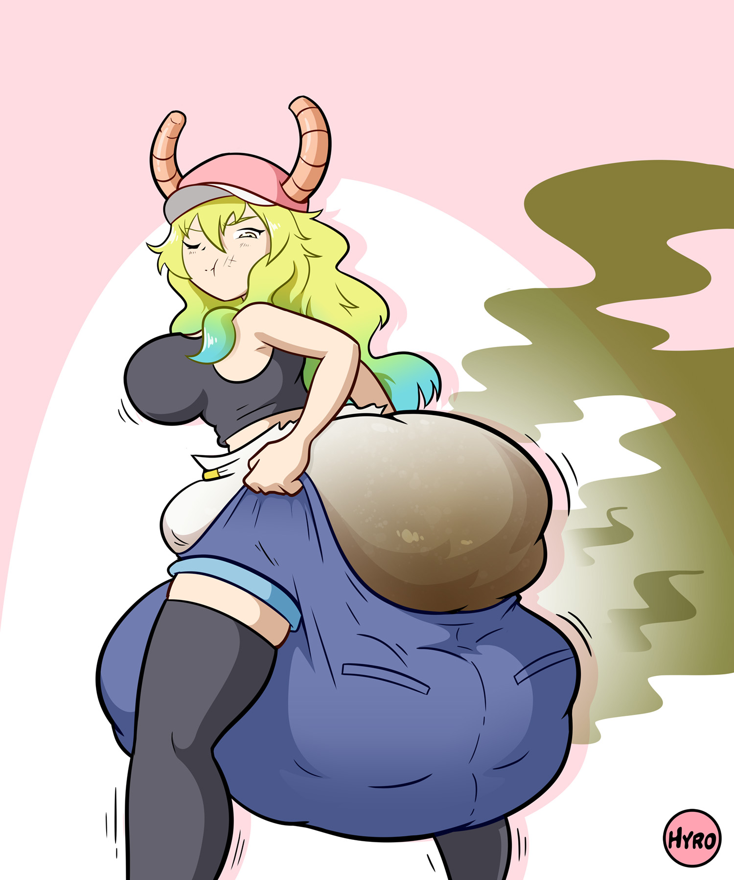 artist signature, big breasts, breasts, clothed, diaper, diaper under clothing, digital media (artwork), dragon, female, female only, green hair, hat, horns, hyrosdiaperdivas, lucoa, messy diaper, milf, miss kobayashi's dragon maid, monster girl, poopy diaper, quetzalcoatl (dragon maid), scat, stink lines, tagme