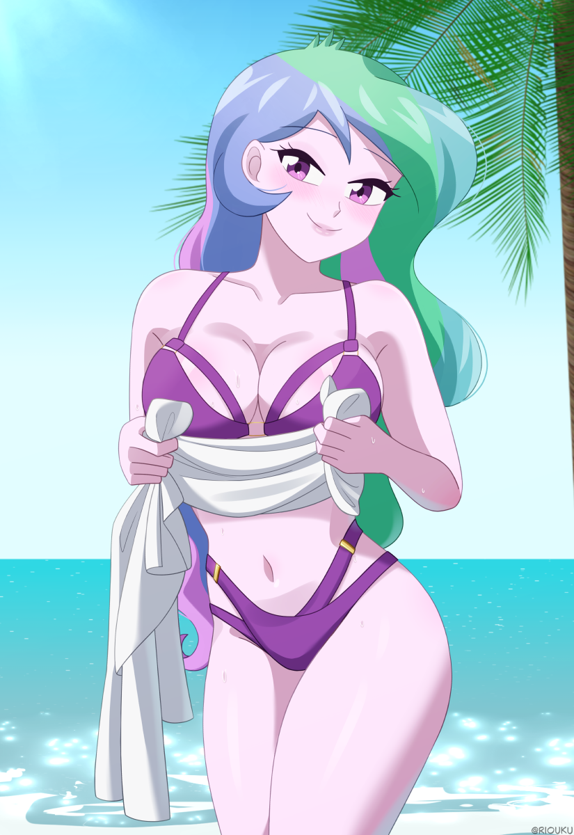 1girls beach big_breasts bikini breasts commission equestria_girls female female_only friendship_is_magic hasbro large_breasts looking_at_viewer mature_female my_little_pony navel ocean outdoors palm_tree princess_celestia_(mlp) principal_celestia purple_bikini purple_swimsuit riouku smile solo solo_female swimsuit towel water wide_hips