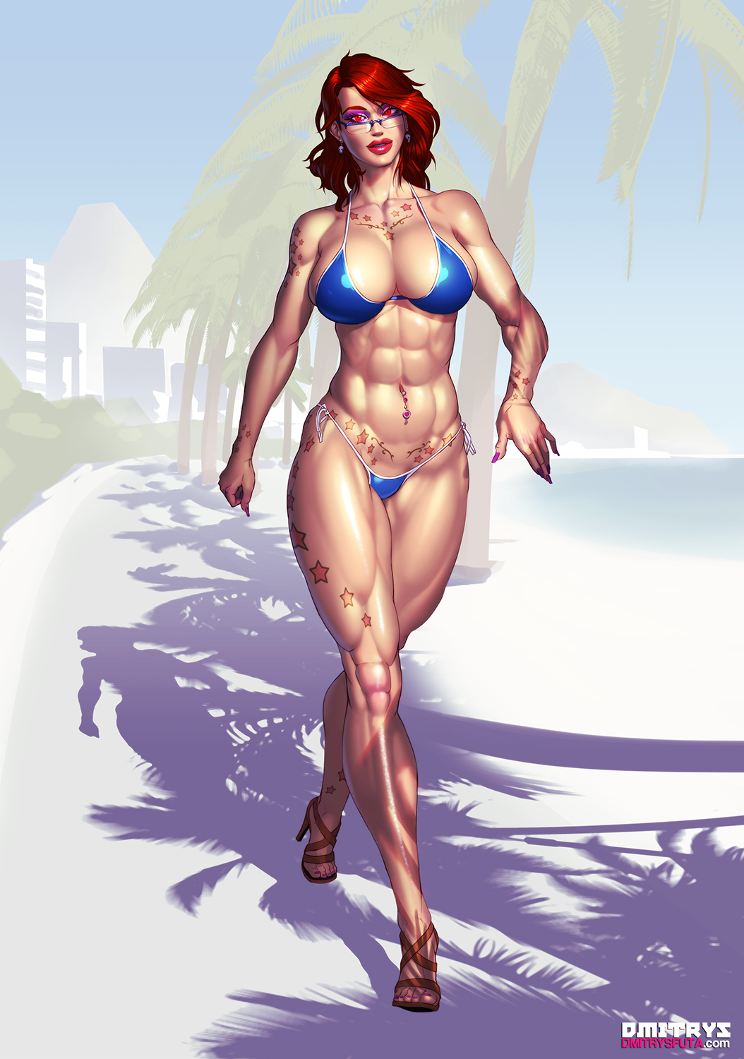 1girls, abs, bikini, body piercing, breasts, cleavage, clothes, dmitrys, earrings, eyeshadow, eyewear, female, female only, fingernails, glasses, hair, high heels, human, large breasts, long fingernails, long hair, looking at viewer, mey-mey, muscles, muscular, muscular female, nail polish, navel, navel piercing, piercing, red eyes, red hair, skimpy, solo, standing, tattoo, toenail polish
