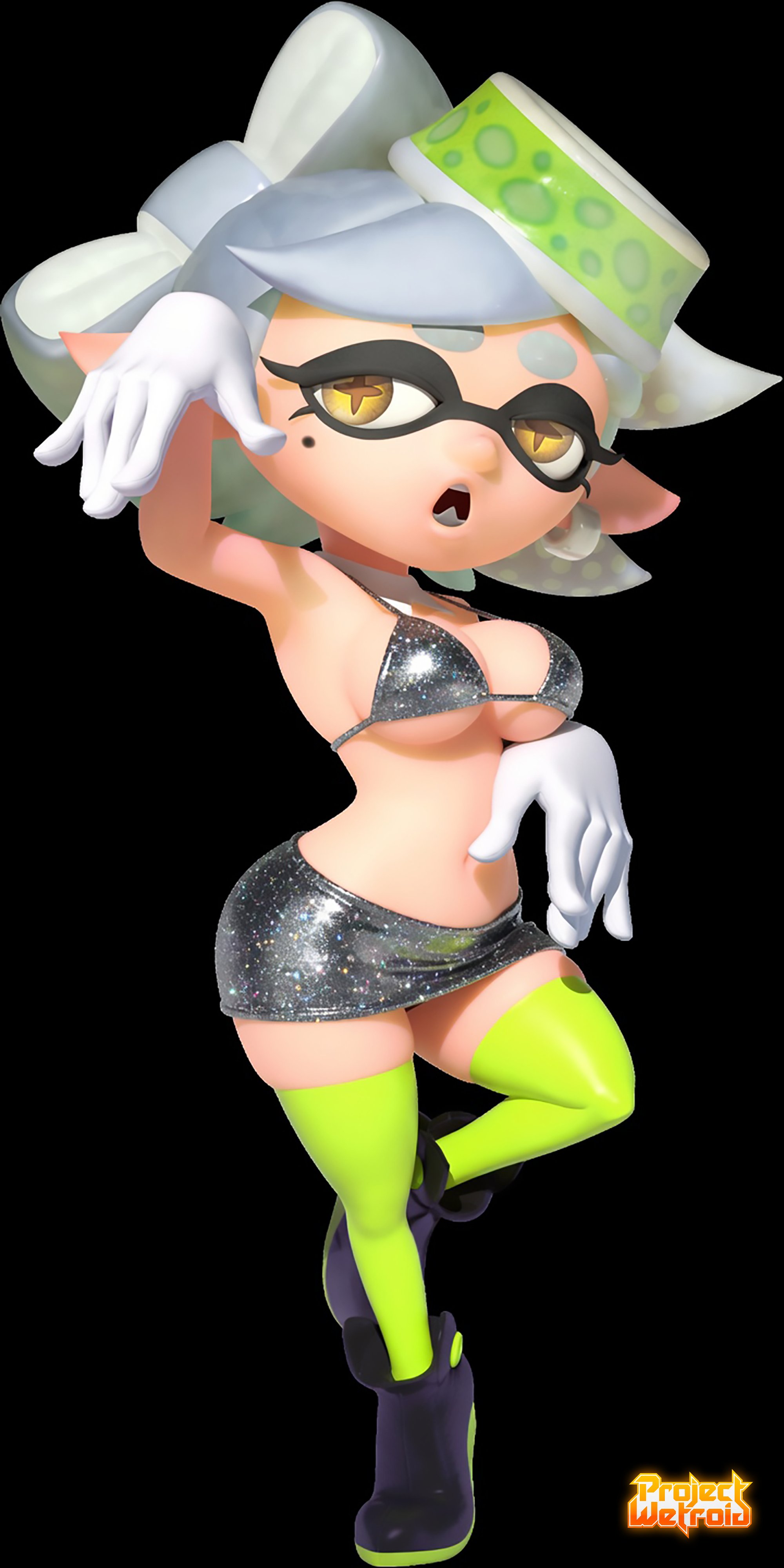 1girls, accurate art style, anthro, big breasts, bikini top, female, glitter bikini, glitter skirt, gloves, hi res, huge breasts, marie (splatoon), navel, official style, plump, projectwetroid, skirt, solo, splatoon, splatoon (series), thick thighs, thighhighs, white gloves, wide hips
