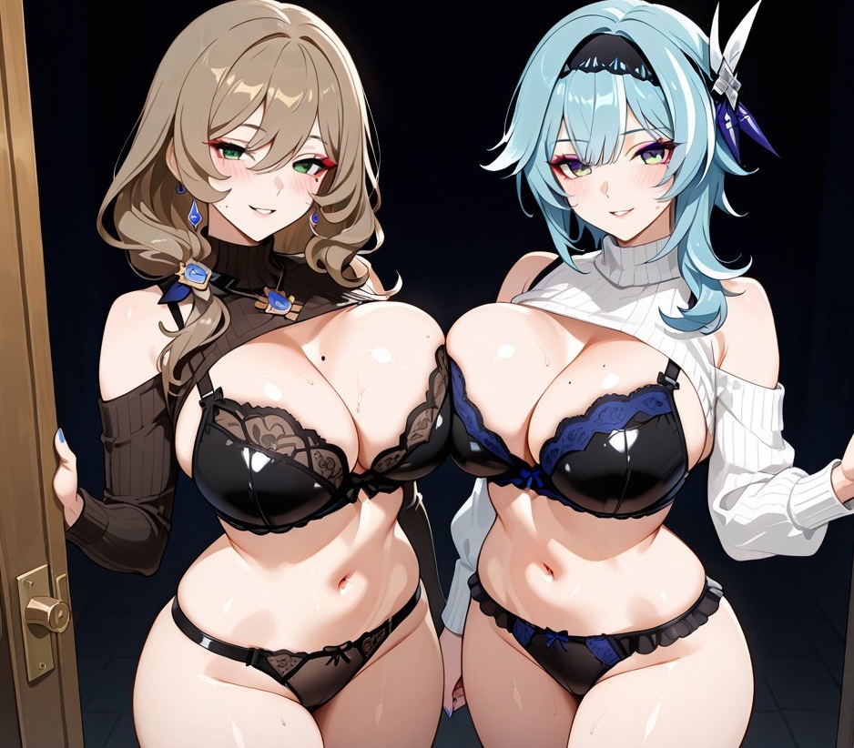 2girls ai_generated blush bra breasts doorway eula_(genshin_impact) genshin_impact hoyoverse huge_breasts inviting_to_sex lisa_(genshin_impact) milf mole_on_breast open_door panties slutty_clothing smiling_at_viewer smirk sweat thick_thighs