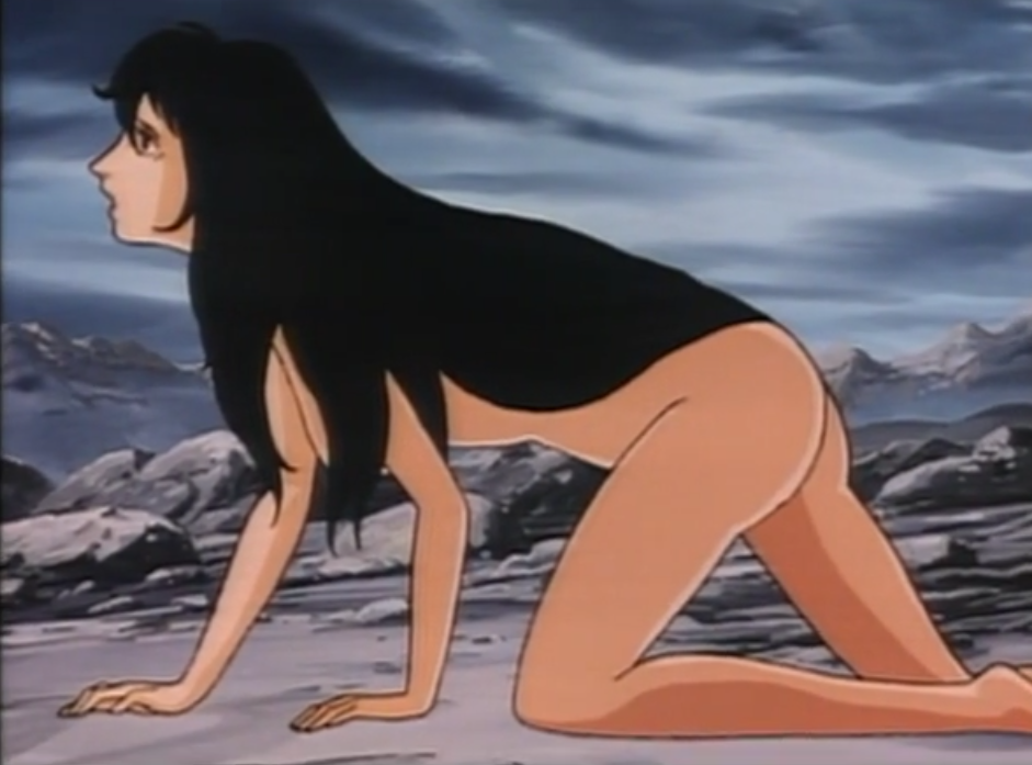 adam_and_eve all_fours anime ass ass barefoot bible breasts christianity completely_nude completely_nude_female covered_breasts eve godiva_hair kneeling nude nude_female screencap