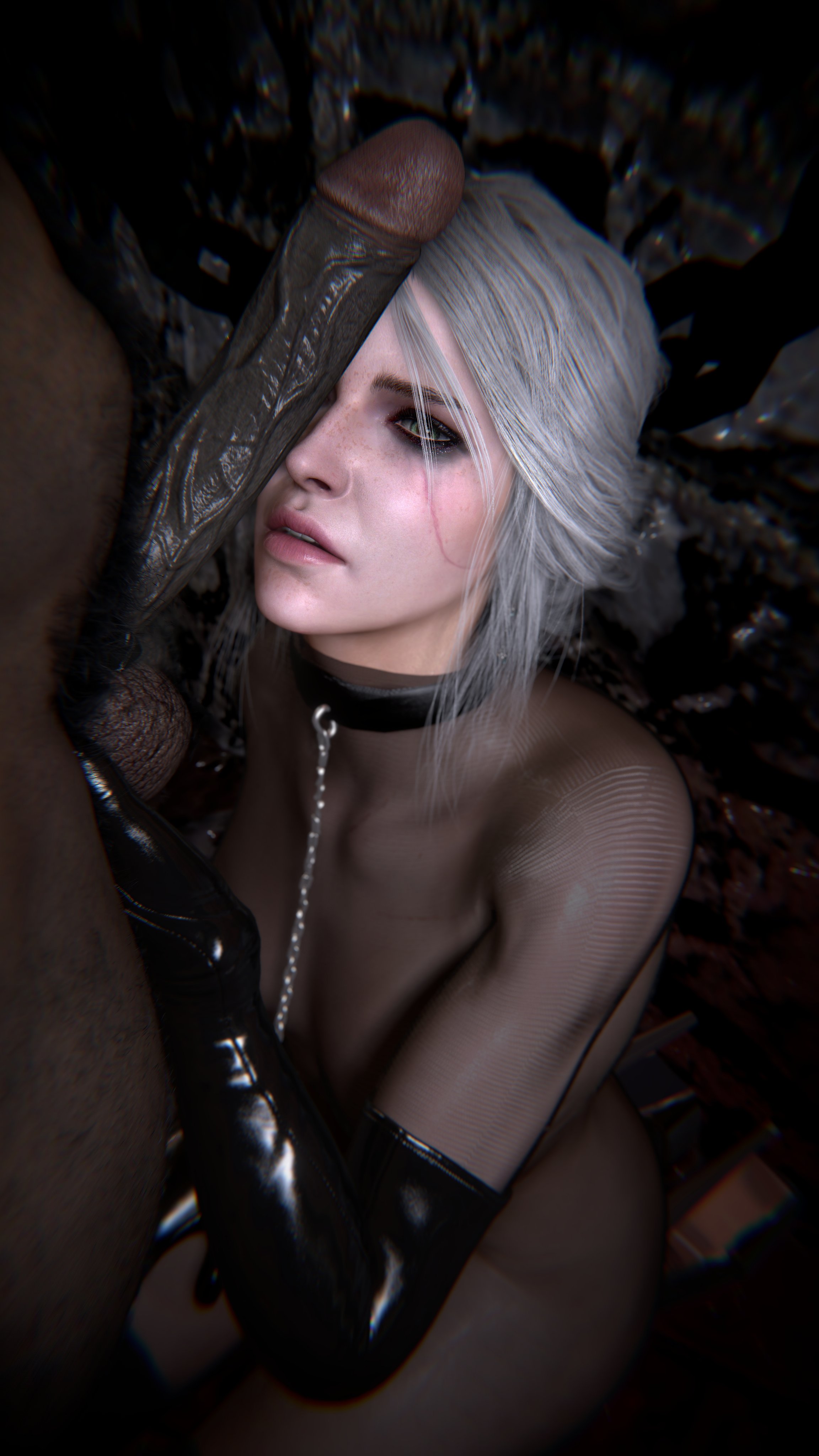 3d, balls, balls fondling, big penis, black collar, black gloves, bodystocking, caressing balls, caressing testicles, ciri, cock on face, collar, dark skin, dark-skinned male, female, femsub, gloves, green eyes, immoralless, interracial, kneeling, kneeling oral position, leash, leash and collar, leather gloves, light skin, light-skinned female, male, male pubic hair, maledom, mascara, nylons, pale skin, pale-skinned female, parted lips, penis, penis awe, penis on face, penis over one eye, pubic hair, scar, scar on face, slave, slave collar, submissive, submissive female, testicles, the witcher (series), the witcher 3: wild hunt, veins, veiny penis, white hair