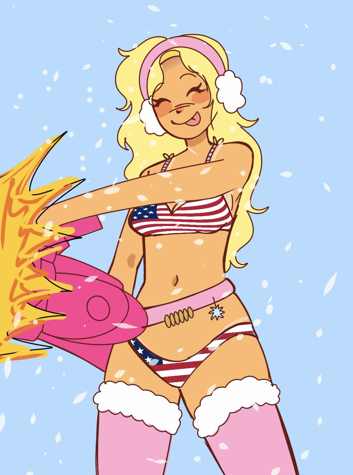 :p american_flag american_flag_bikini belly_button bikini blonde_hair blush chainsaw earmuffs navel sodasplash tan_skin