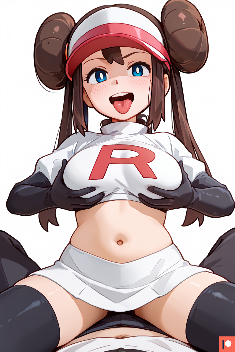 1girl1boy ai_generated big_breasts blue_eyes blush brown_hair cap corruption enemy enemy_conversion female gloves grabbing grabbing_own_breast human_characters_in_pokémon looking_at_partner looking_at_viewer looking_down midriff omega_weirdo open_mouth patreon pokemon pov rosa_(pokemon) smug team_rocket team_rocket_grunt_(female) team_rocket_uniform thighhighs tongue tongue_out