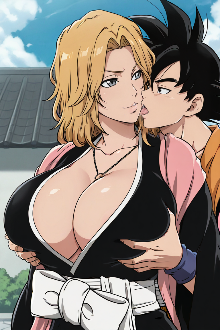 1boy 1girls 2:3 ai_generated big_breasts black_hair bleach blonde_hair breast_grab breasts cheating_husband crossover dragon_ball dragon_ball_super dragon_ball_z female grabbing grabbing_from_behind groping_breasts horny huge_breasts kissing large_breasts male matsumoto_rangiku medium_hair netorare ntr outside seductive sexy son_goku straight tongue_kiss unfaithful