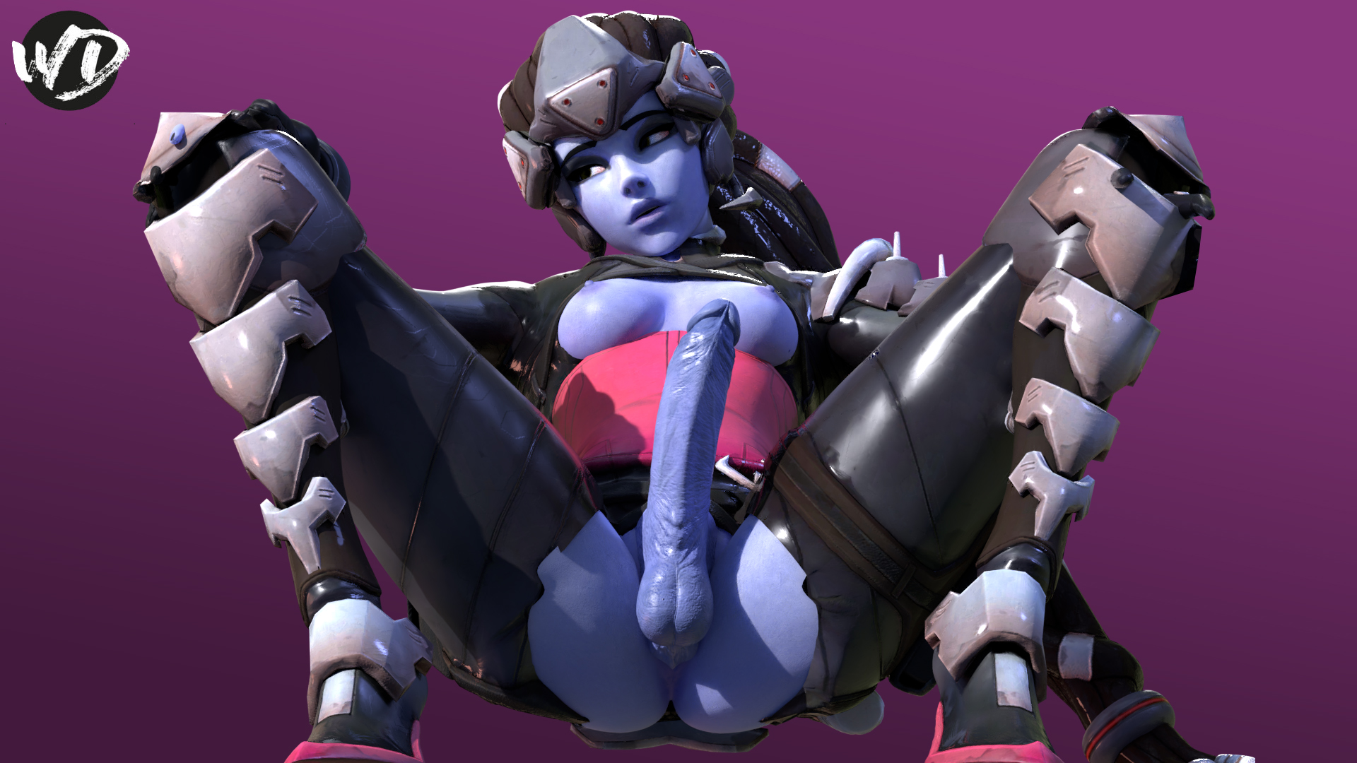 1futa, 3d, alternate costume, areolae, balls, blender, blizzard entertainment, breasts, dickgirl, erection, full-package futa, futa only, futanari, highres, intersex, nipples, noire widowmaker, overwatch, penis, purple skin, pussy, solo, spread legs, testicles, widowmaker, wunder