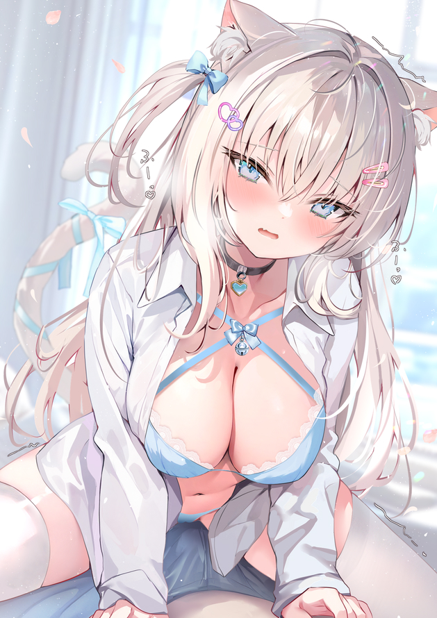 1boy 1girls animal_ears black_choker blonde_hair blue_bra blue_eyes blue_panties blurry blurry_background blush bow bra breasts bulge cat_ears cat_girl cat_tail choker cleavage comiket_104 erection erection_under_clothes female hair_between_eyes hair_ornament hairbow hairclip heart_pendant large_breasts long_hair long_sleeves navel open_clothes open_shirt original panties parted_lips pointy_chin pon_(ponidrop) solo_focus spread_legs tail tail_ornament thighhighs underwear white_thighhighs