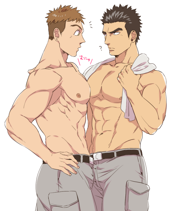 2boys abs akihiro_altland bara bulge crotch gundam male male_focus male_only multiple_boys muscle muscles norba_shino pecs tagme topless towel