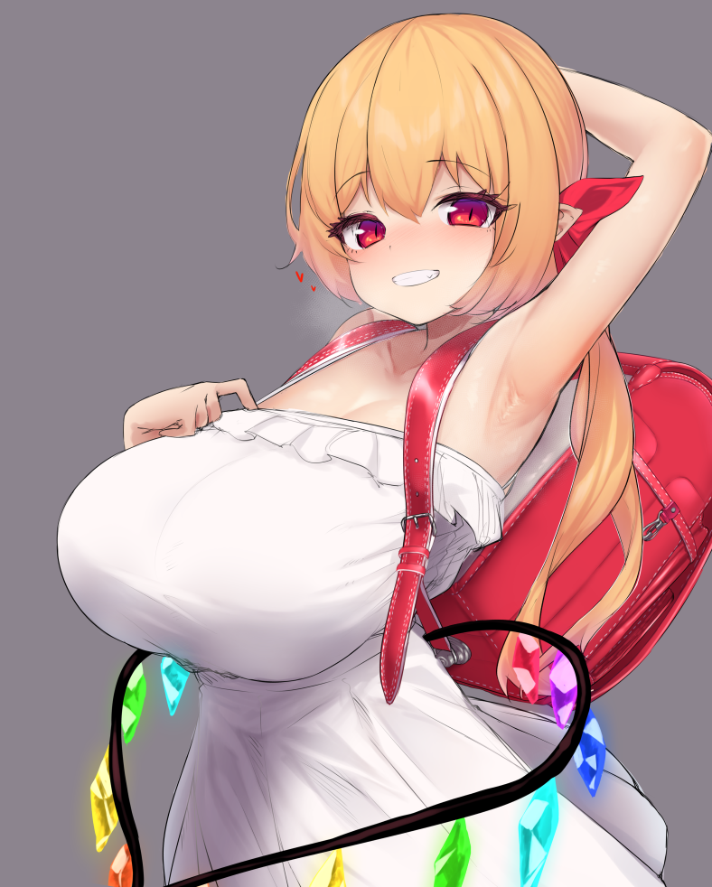 1girls armpits arms_behind_head arms_up backpack bare_shoulders blonde_hair blush collarbone crystal crystal_wings fangs flandre_scarlet hair_between_eyes huge_breasts long_hair looking_at_viewer pointy_ears red_eyes shortstack simple_background sleeveless smile solo solo_focus steam touhou watari1118 white_dress wings