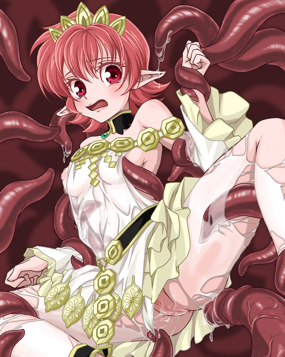 bare_shoulders breasts choker crown detached_sleeves dress female frills iria_animi jewelry open_mouth panties pointy_ears pussy red_eyes red_hair see-through short_hair tales_of_(series) tales_of_innocence tears tentacle