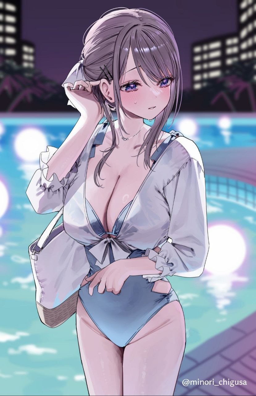 bag bare_arms bare_legs bare_thighs big_breasts blush breasts chigusa_minori cleavage collarbone female female_focus hair_ornament hand_holding_hair long_hair necklace night official_art one_piece_swimsuit open_mouth outdoors pool purple_eyes saotome_shino shino_to_ren silver_hair sweat thighs