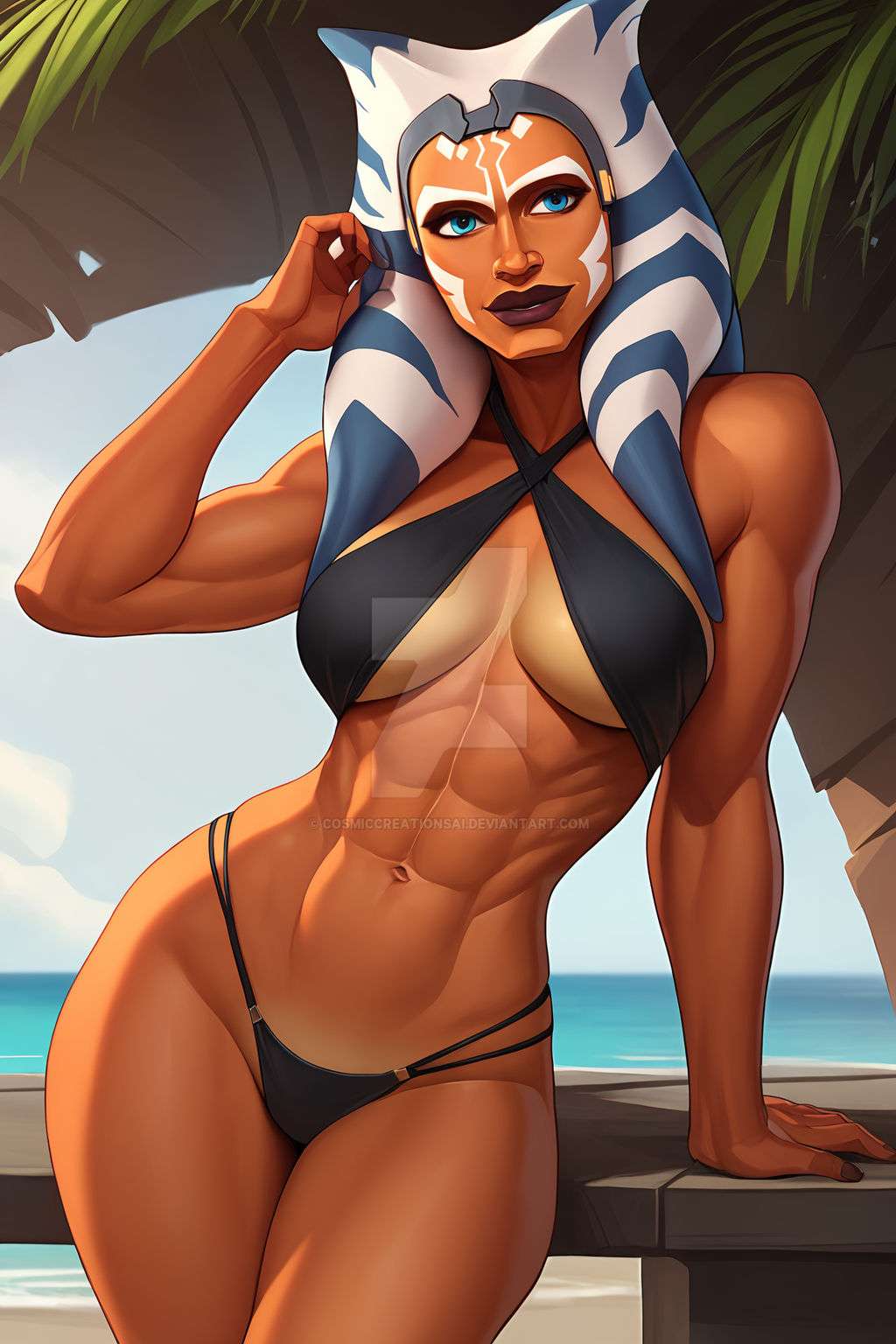 1girls, abs, ahsoka tano, ai generated, alien, alien girl, ass, bare shoulders, beach, big ass, big breasts, bikini, black bikini, black swimsuit, blue eyes, blue sky, breasts, clothing, colored skin, cosmiccreations, day, facial mark, facial tattoo, female, female only, halterneck, large breasts, lips, looking at viewer, medium breasts, muscles, muscular, muscular female, navel, obliques, ocean, orange skin, outdoors, sky, smile, solo, solo female, standing, star wars, stomach, swimsuit, tagme, tattoo, tentacle hair, thick thighs, thighs, togruta, toned, wide hips