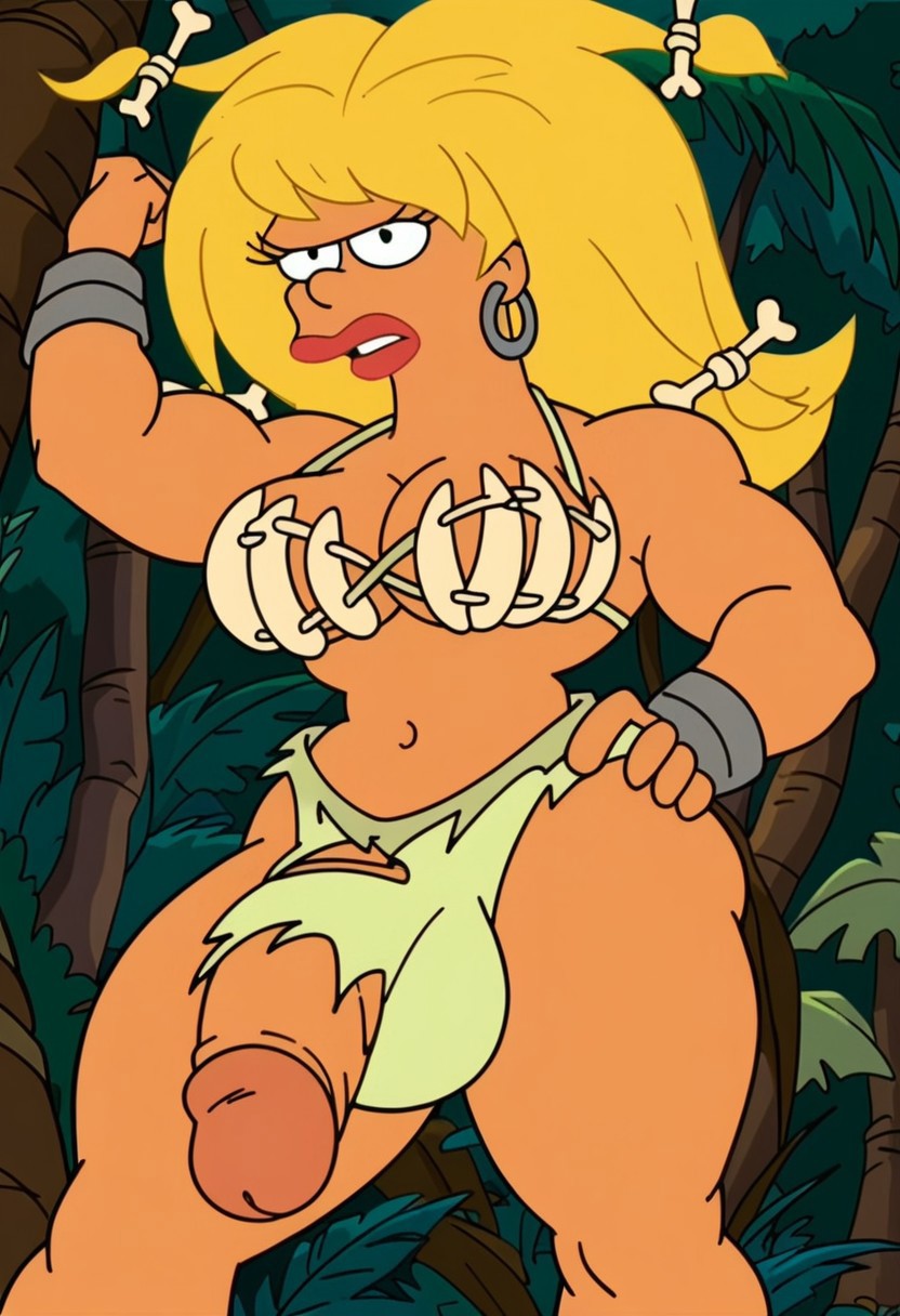 abs ai_generated amazon amazonian_futa ass balls big_breasts big_penis blonde_hair futanari futurama legs legs_up penis