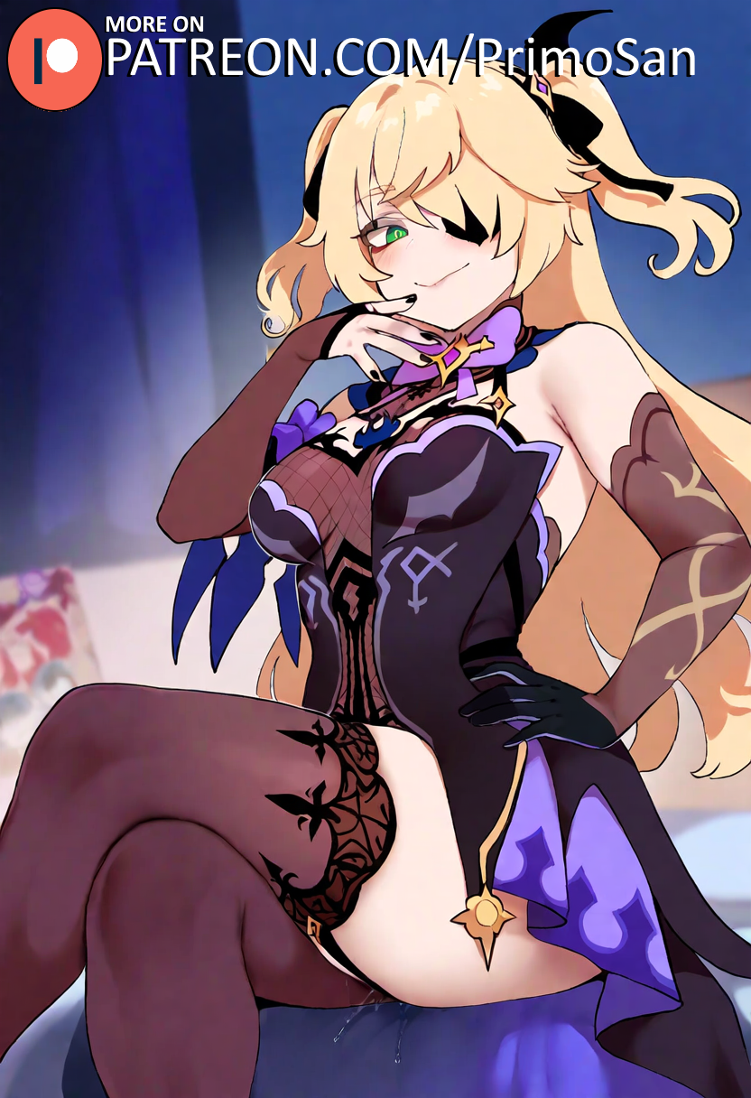 ai_generated blonde_hair crossed_legs eyepatch fischl_(genshin_impact) genshin_impact green_eyes long_hair looking_at_viewer medium_breasts one_eye_covered primosan pussy_juice revealing_clothes sitting smile stockings twintails