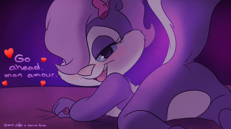 2017 ass ass bedsheets blush blush deviantart english_text eyelashes fifi_la_fume grabbing_bedding half-closed_eyes heart joaoppereiraus looking_at_viewer lying_on_stomach pink_bow pink_bowtie purple_background purple_body purple_eyes purple_fur raised_tail skunk skunk_girl skunk_tail smiling_at_viewer striped_fur tail teasing teasing_viewer teasing_with_butt tiny_toon_adventures tongue warner_brothers