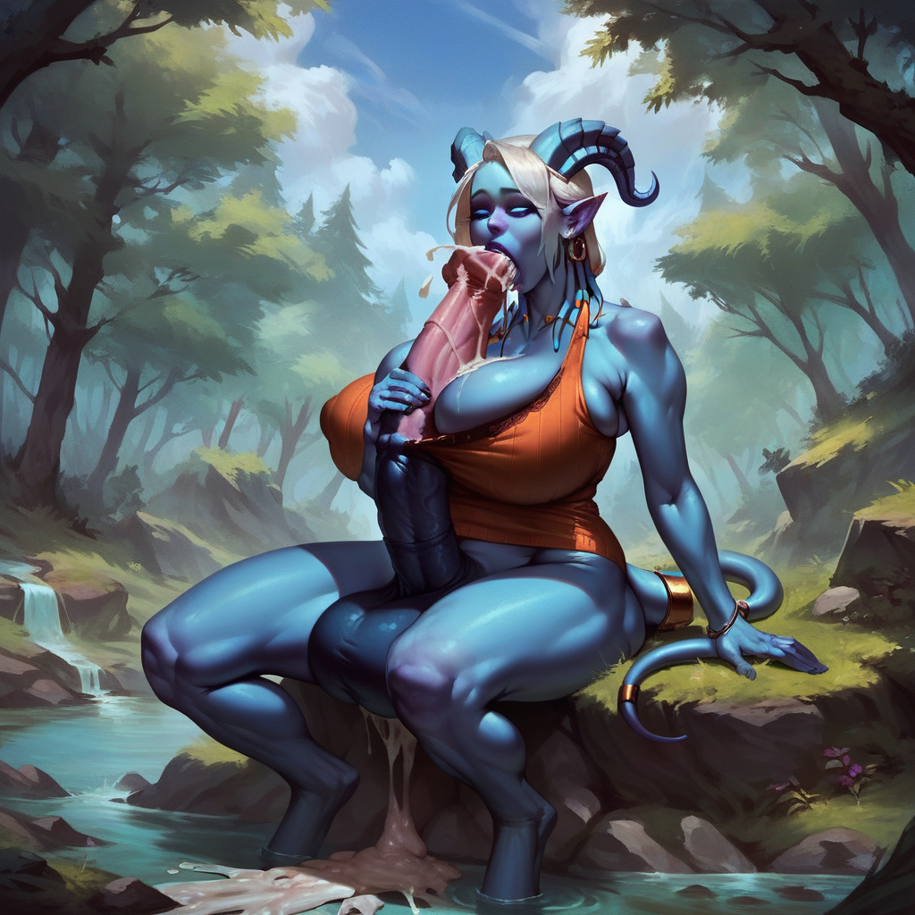 1futa ai_generated autofellatio blizzard_entertainment blonde_hair blowjob blue_skin boobjob cum_in_mouth cum_inside draenei draenei_futa forest futa_only futanari huge_breasts huge_cock mostly_nude penis solo warcraft world_of_warcraft zerimox