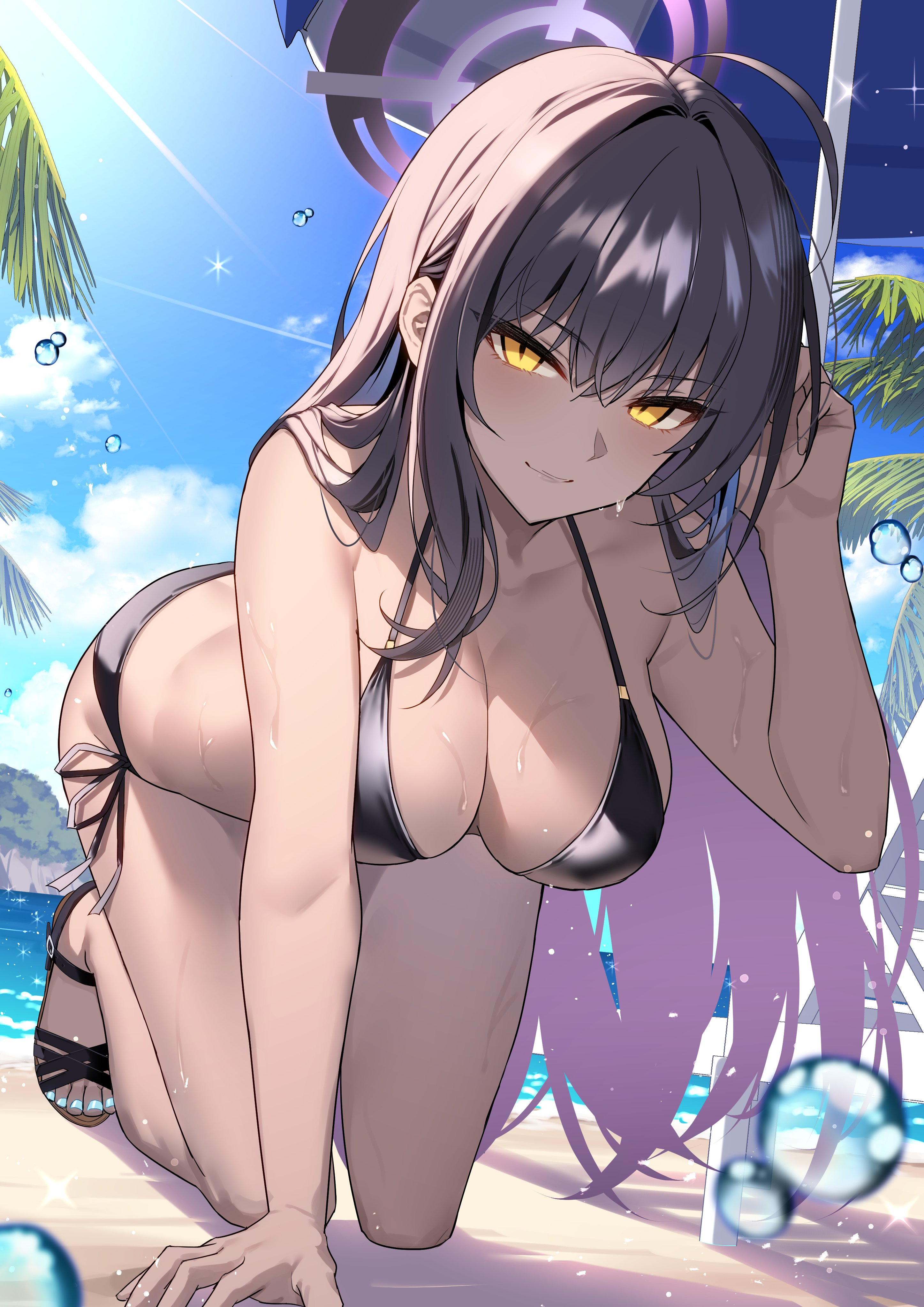 absurdres, aosaki yukina, beach, bikini, black bikini, black hair, blue archive, blue sky, breasts, cleavage, closed mouth, commentary, dark skin, dark-skinned female, female, full body, hair between eyes, halterneck, highres, karin (blue archive), large breasts, long hair, looking at viewer, nail polish, outdoors, palm tree, sandals, shadow, side-tie bikini bottom, sidelocks, sky, smile, solo, string bikini, sunlight, swimsuit, thighs, toenail polish, toenails, tree, wet, yellow eyes