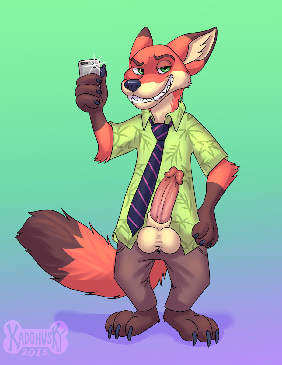 1boy 2015 anthro balls canine clothing disney erection fox fur furry hawaiian_shirt kadohusky male male_only mammal necktie nick_wilde pants penis solo zootopia