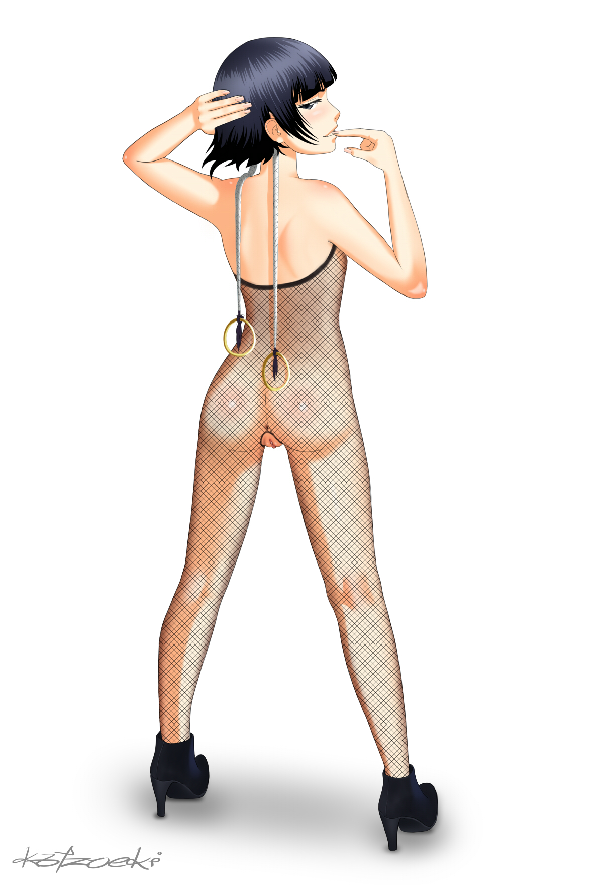 anus, ass, black hair, bleach, bodysuit, crotchless, female, fishnet, high heels, katzueki, looking back, pussy, short hair, smile, soifon, solo, standing, sui-feng