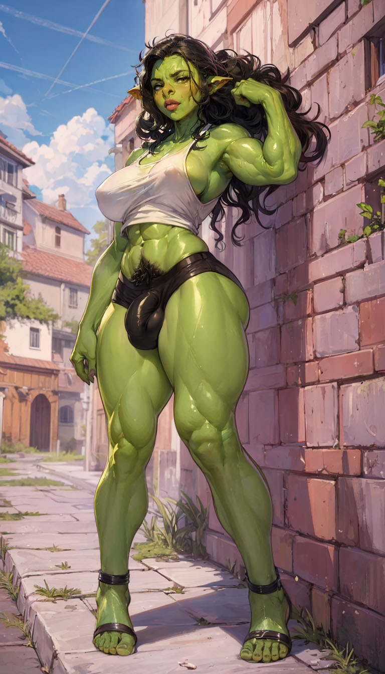 abs ai_generated athletic athletic_futanari black_hair breasts bulge bulge_through_clothing excessive_pubic_hair flexing flexing_bicep futanari goblinenthusiast green_skin happy_trail large_breasts micro_shorts muscular muscular_futanari nipples_visible_through_clothing orc orc_futanari outdoors penis_bulge pointy_ears pubic_hair pubic_hair_peek sandals self_upload sideboob solo solo_futa street tall tank_top thick_thighs