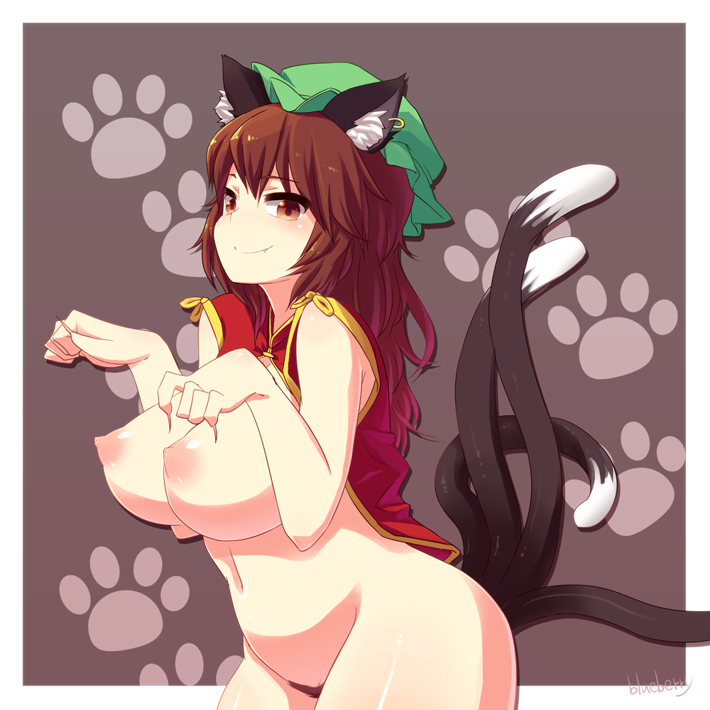 animal_ears big_breasts blueberry_(5959) blush bottomless breasts brown_eyes brown_hair cat_ears cat_tail chen clothed clothing ear_piercing fangs female hair half-dressed jewelry long_fingernails long_hair multiple_tails nipples pawprint piercing pubes puffy_nipples smile solo touhou uncensored