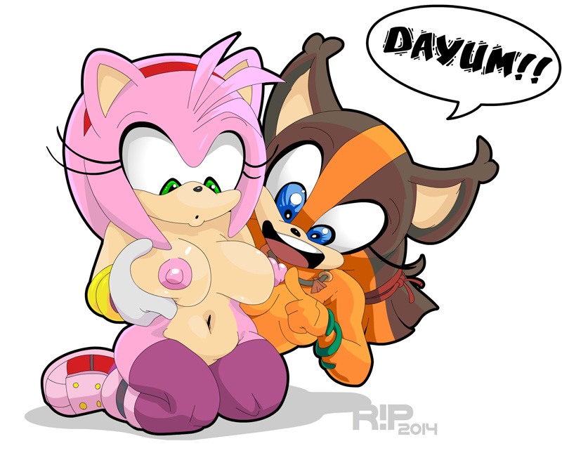 2girls amy_rose amy_rose_(boom) anthro blue_eyes bracelet breast_grab breasts breasts_exposed english_text eyelashes female female_only furry green_eyes hair_tie kneeling large_breasts large_nipples multicolored_fur multiple_girls naked necklace nipple_play nipples nude orange_fur pink_fur r!p shoes sonic_(series) sonic_boom speech_bubble sticks_the_badger sticks_the_jungle_badger sticks_the_tejon stockings text thighhighs white_background yuri