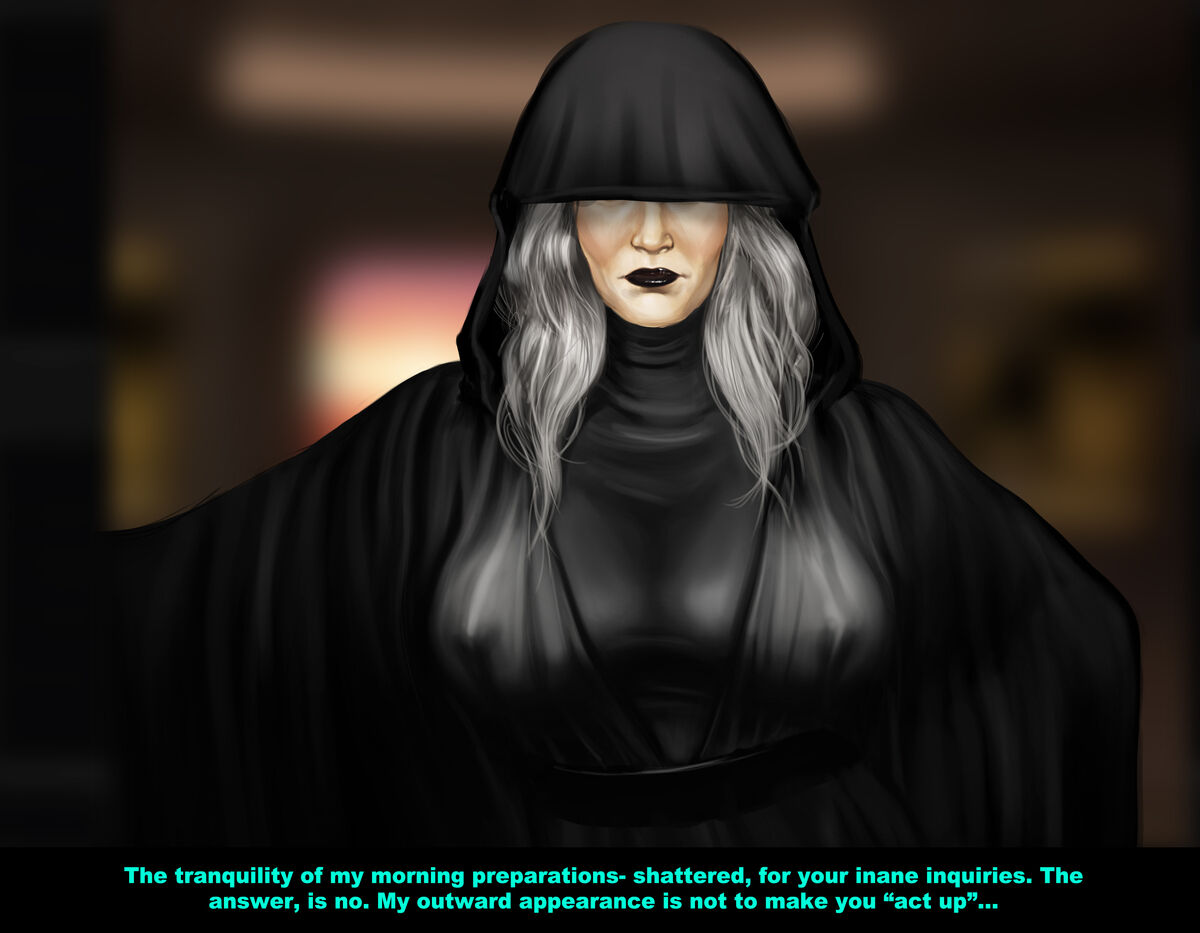 big_breasts black_lipstick covered_eyes darth_traya fully_clothed gilf hood jaguarart knights_of_the_old_republic knights_of_the_old_republic_2 kreia sith star_wars talking_to_viewer text white_hair