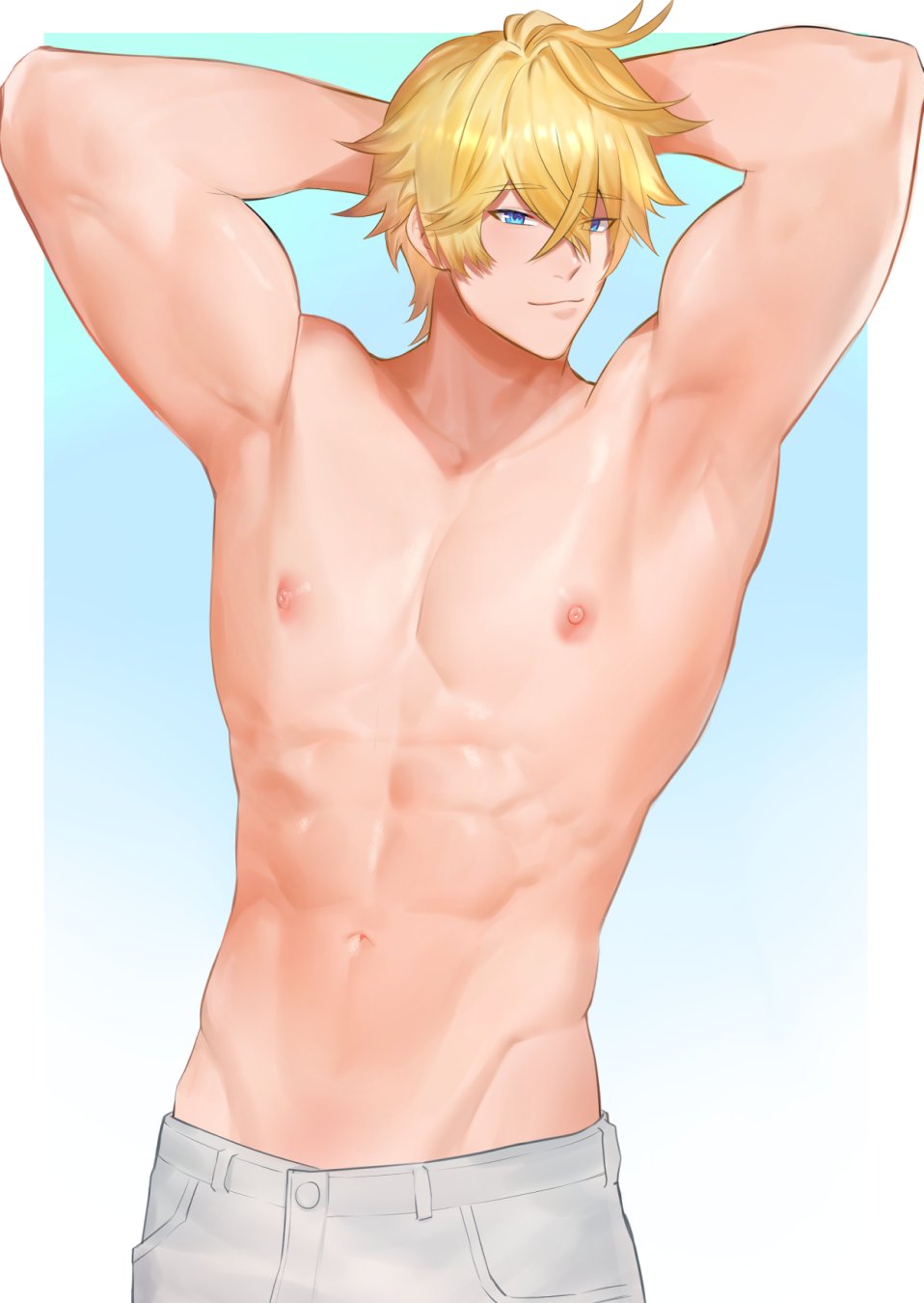 1boy abs arms_behind_head arms_up blonde_hair blue_eyes closed_mouth gepard_(honkai:_star_rail) gepard_landau hair_between_eyes highres honkai:_star_rail honkai_(series) male_focus muscular muscular_male navel nipples pants short_hair smile solo stomach topless_male white_pants zhineart