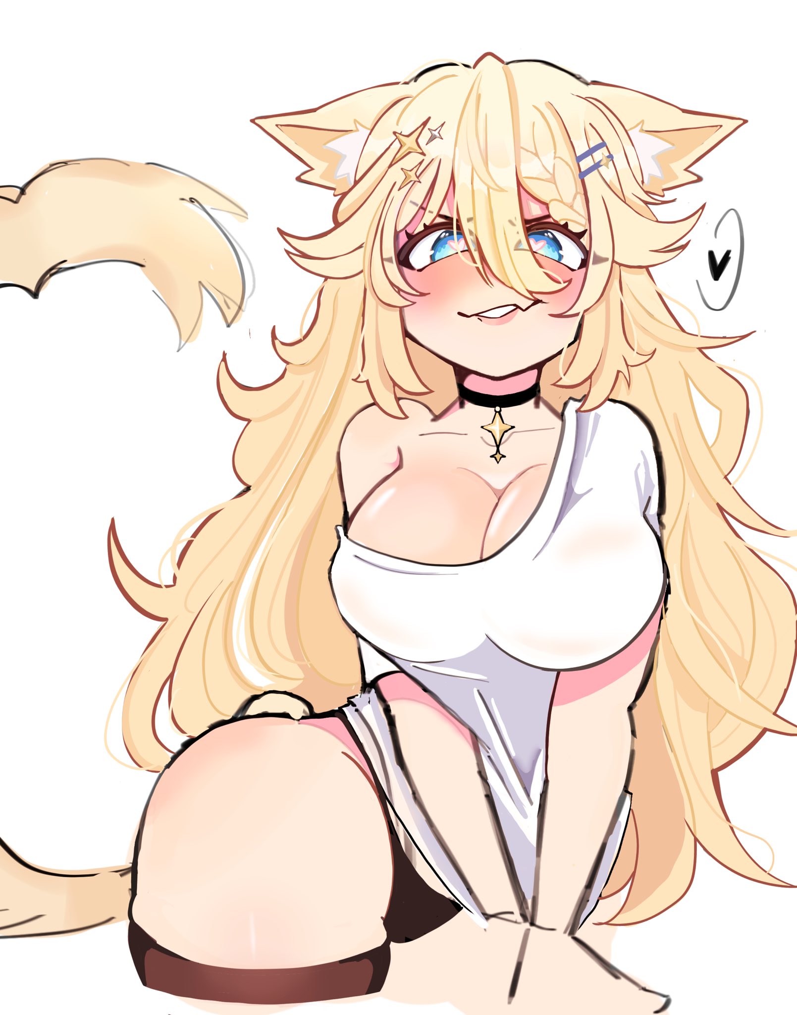 1girls, animal ears, black panties, blonde hair, blue eyes, blush, breasts, cat ears, cat tail, female, female only, heart-shaped pupils, huge breasts, kaneko lumi, light skin, light-skinned female, maya (mayaowo), panties, phase connect, phase invaders, shirt, solo, spoken heart, symbol-shaped pupils, t-shirt, tail, virtual youtuber
