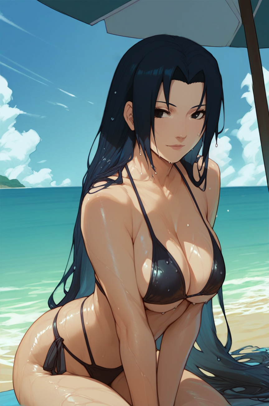 1girls ai_generated arm_support beach beach_towel beach_umbrella big_breasts bikini bikini_bottom bikini_top black_hair breasts cleavage female female_focus highleg highleg_bikini highleg_swimsuit huge_breasts kneeling legs_together long_hair mature mature_female midriff milf nai_diffusion naruto naruto_(series) naruto_shippuden ocean partially_submerged sand seaside sitting solo solo_focus stable_diffusion stariick swimsuit thick_thighs thighs towel uchiha_mikoto umbrella very_long_hair voluptuous voluptuous_female water wet wet_body wet_skin