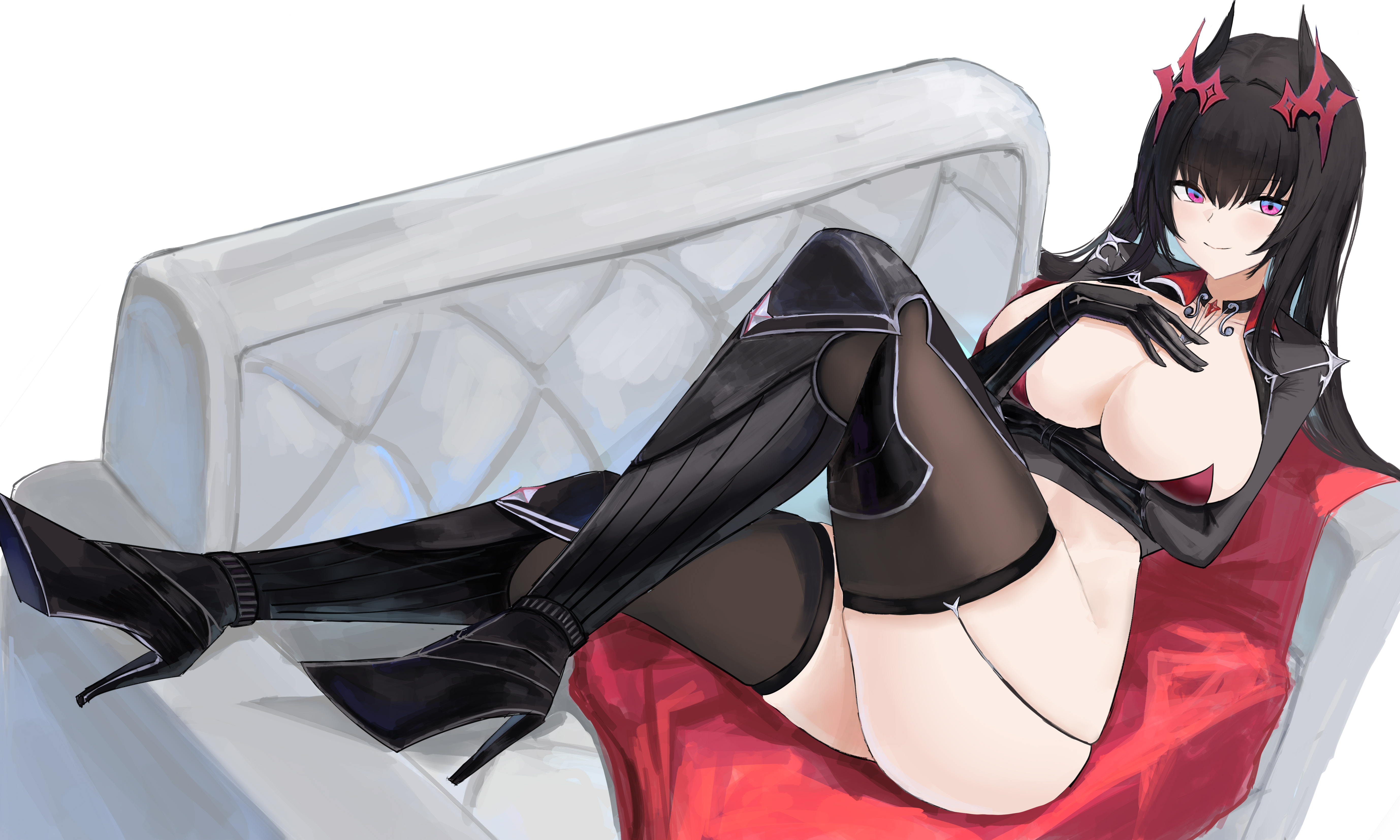 1girls, absurdres, arms under breasts, ass, azur lane, black footwear, black gloves, black hair, black thighhighs, boots, breasts, cleavage, couch, female, full body, gloves, hand on own chest, high heel boots, high heels, highres, knee boots, large breasts, light skin, light-skinned female, long hair, looking at viewer, on couch, purple eyes, simple background, solo, stiletto heels, strasbourg (azur lane), suo bu ye feng, thighhighs, vichya dominion (azur lane), white background