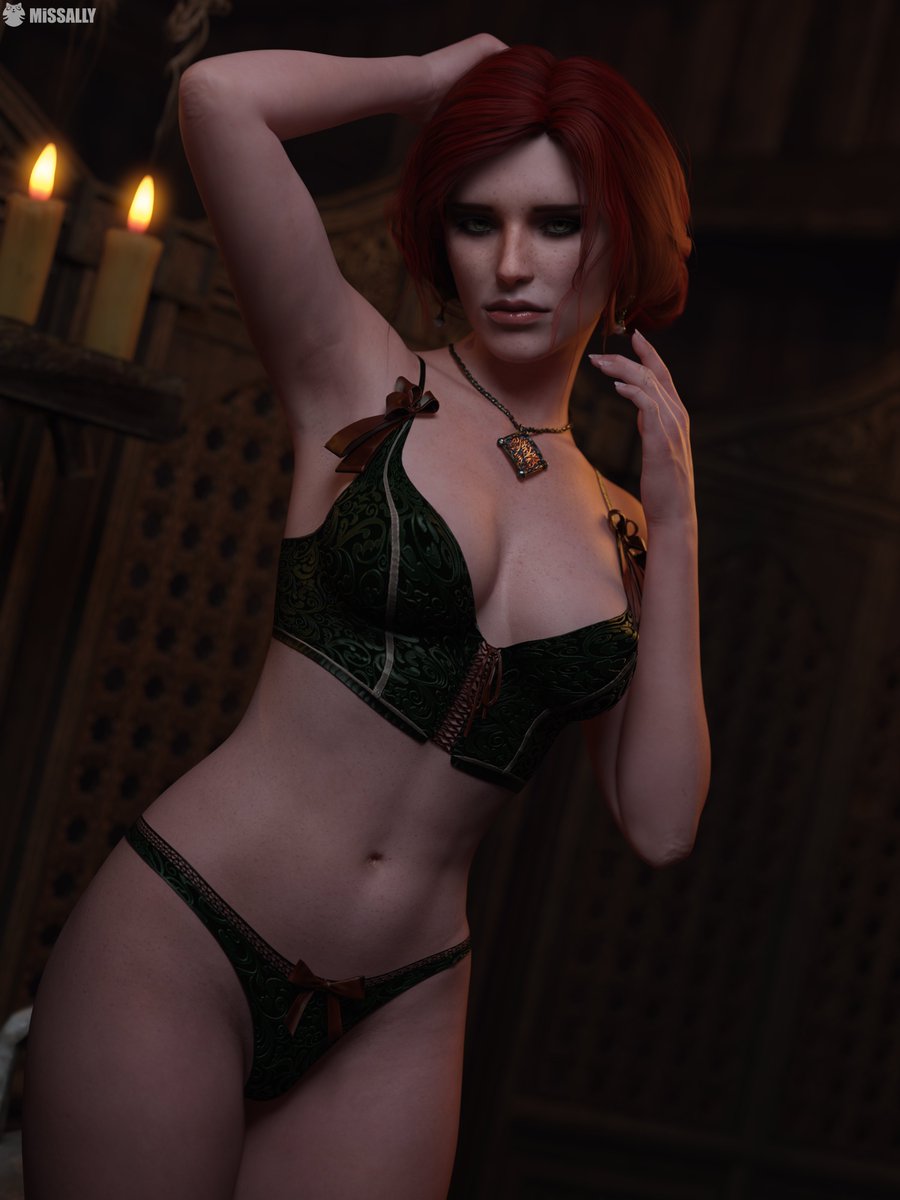 3d breasts female freckles light-skinned_female looking_at_viewer missally panties red_hair solo the_witcher_(series) the_witcher_3:_wild_hunt triss_merigold underwear